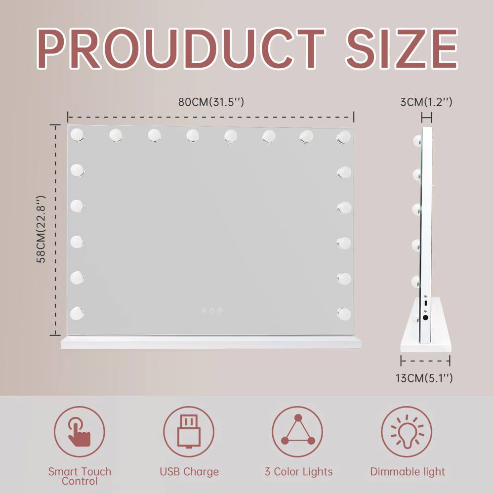 PRODUCT SIZE  
80CM(31.5")  
3CM(1.2") H  
58CM(22.8") F  
13CM(5.1")  

Smart Touch Control  
USB Charge  
3 Color Lights  
Dimmable light