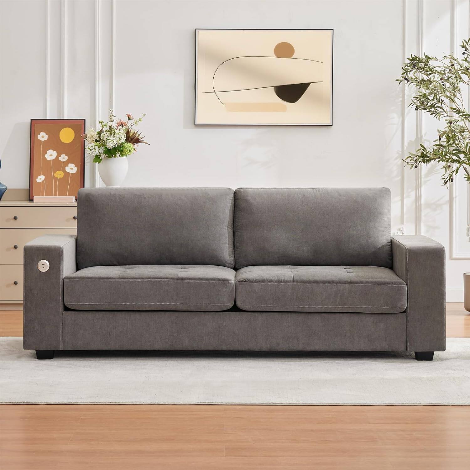 Jojoka - Flash Sale, 90" Oversized Mid-Century Chenille Cloud Couch, Deep Seat 3-Seater Sofa w/ USB Ports & Side Pockets, Grey - Gray