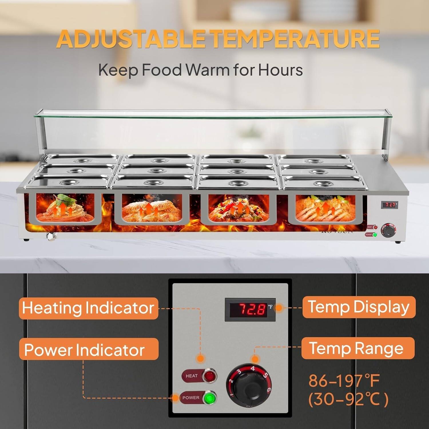 ADJUSTABLE TEMPERATURE  
Keep Food Warm for Hours  

- Heating Indicator  
- Power Indicator  
- Temp Display  
- Temp Range: 86-197°F (30-92°C)