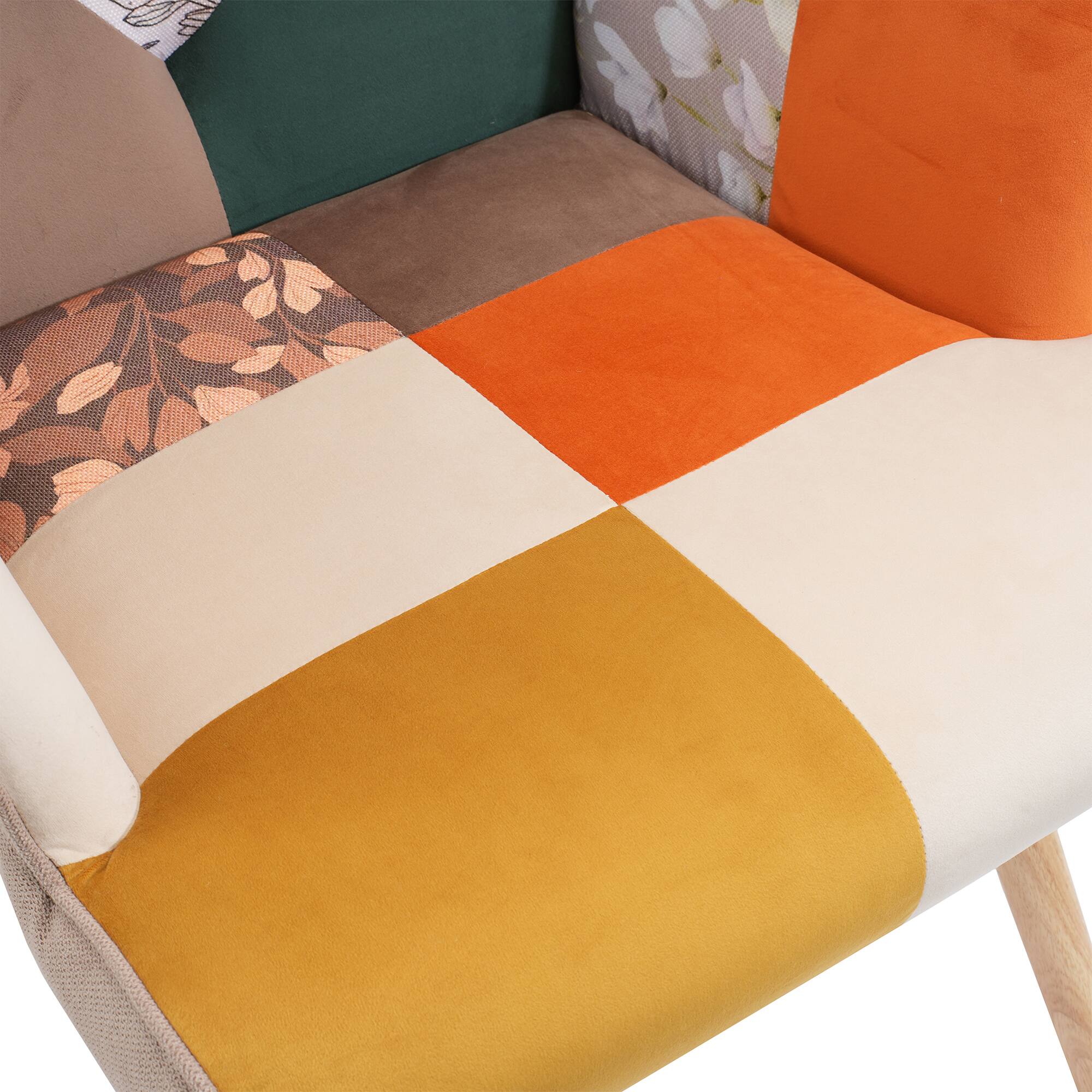 Left. FERPIT - FERPIT Patchwork Upholstered Wingback Accent Chair with Rubberwood Legs, Magnolia Ginger Patchwork - Magnolia Ginger Patchwork.