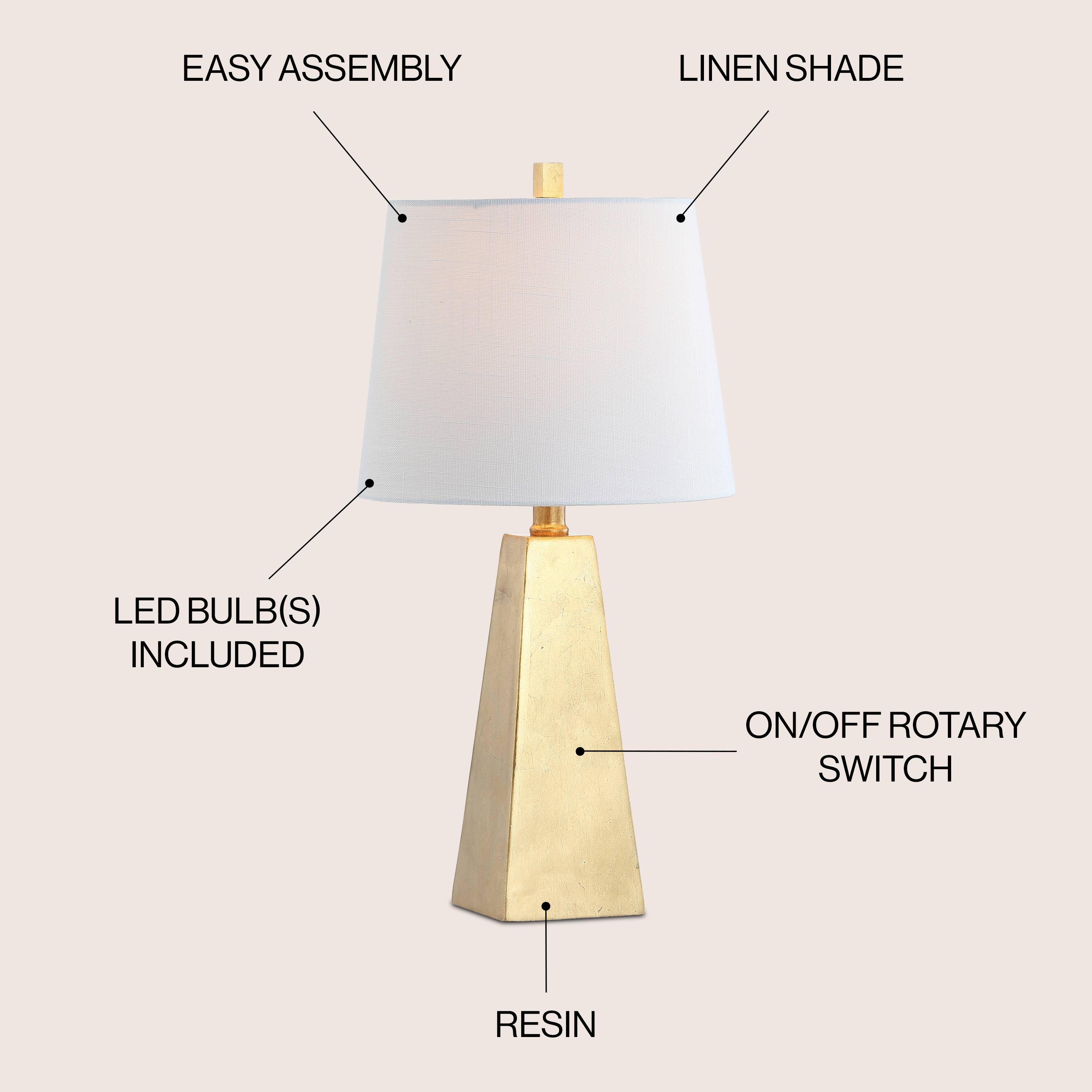 EASY ASSEMBLY  
LINEN SHADE  
LED BULB(S) INCLUDED  
ON/OFF ROTARY SWITCH  
RESIN