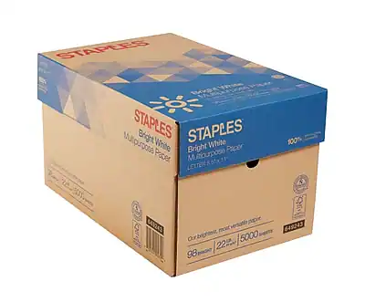 STAPLES
Bright White Multipurpose Paper
LETTER 8.5 x 11
100% Recycled
98 Brightness
225 GSM
5000 Sheets
649243