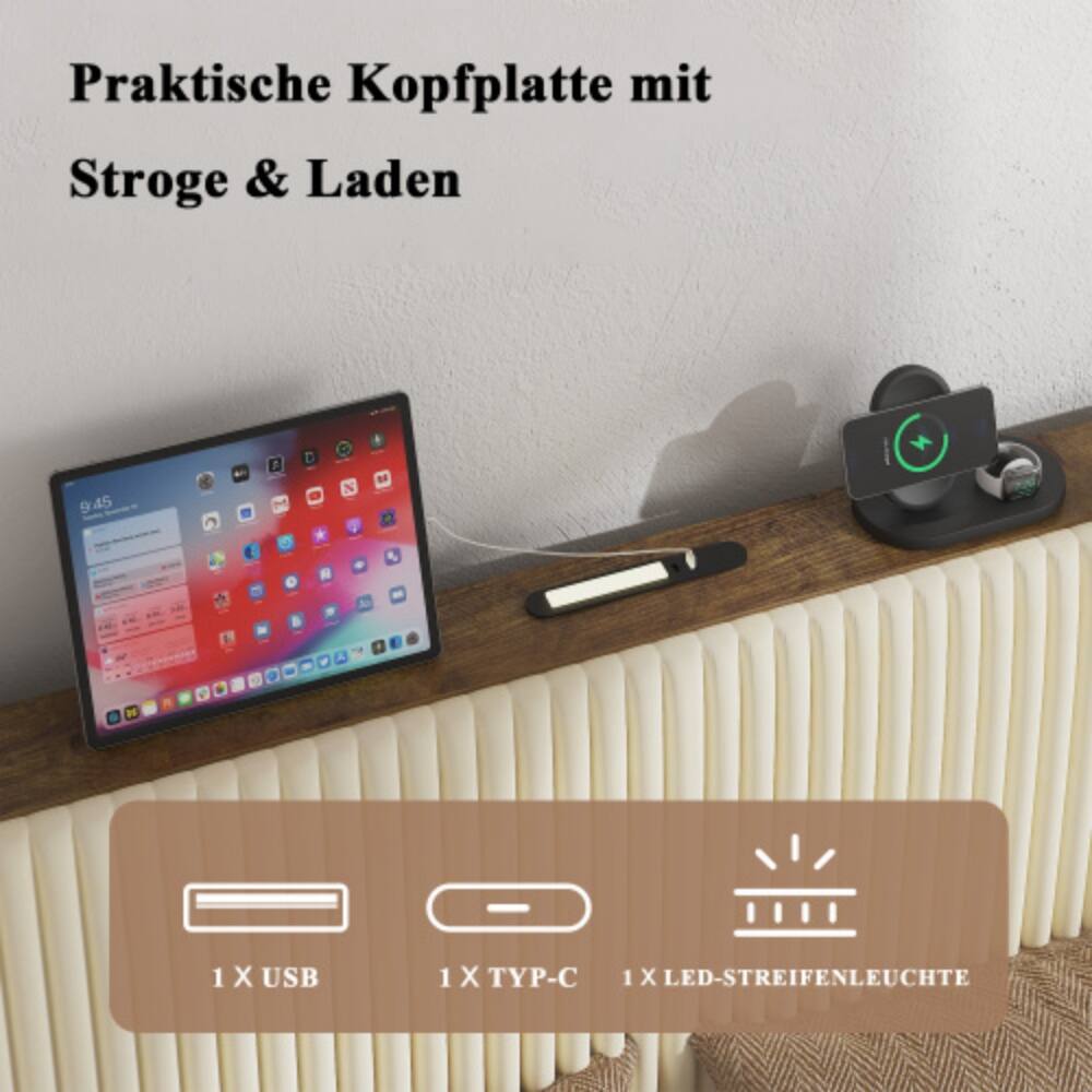 Praktische Kopfplatte mit Stroge & Laden  
9:45  
1 X USB  
1 X TYP-C  
1 X LED-STREIFENLEUCHTE