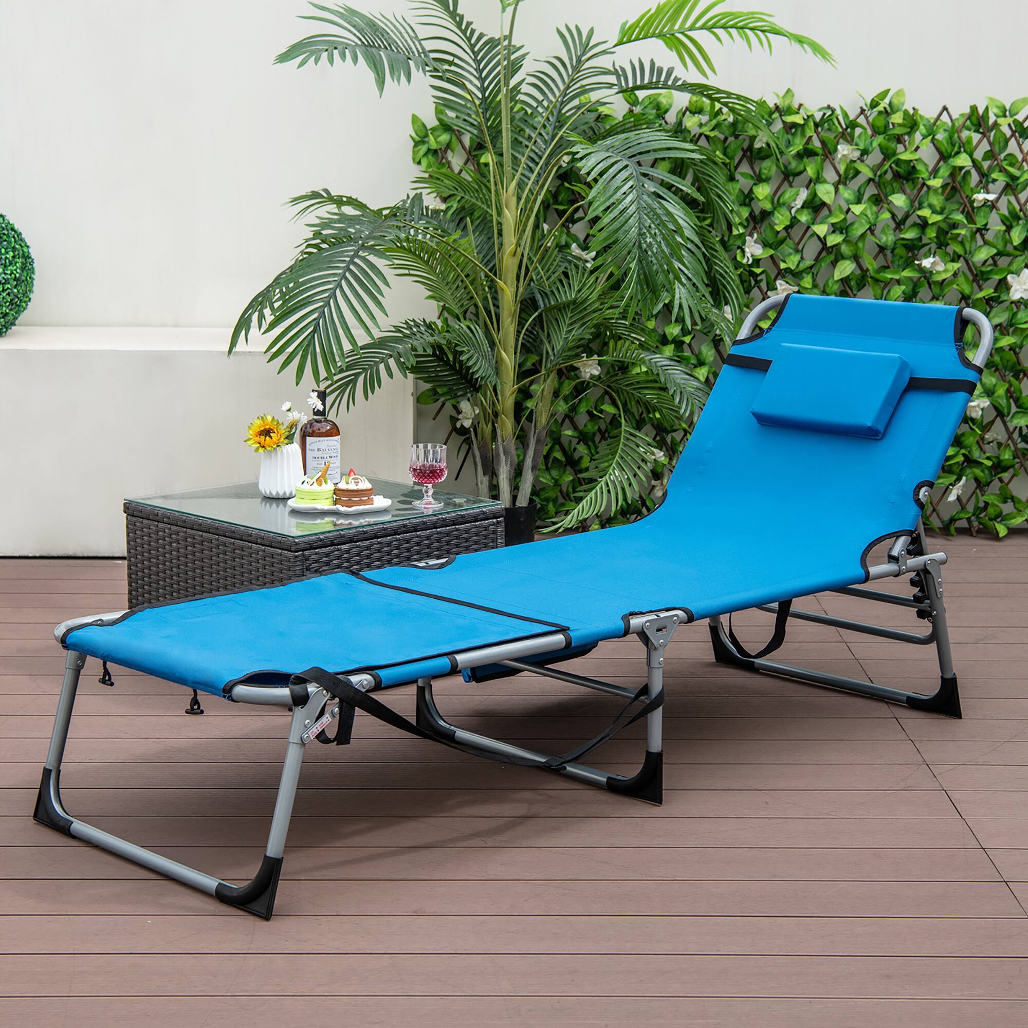 Alt View 3. Gymax - Gymax Folding Chaise Lounge Chair Sunbathing Recliner w/ Face Hole & Removable Pillow - Beige, Blue.