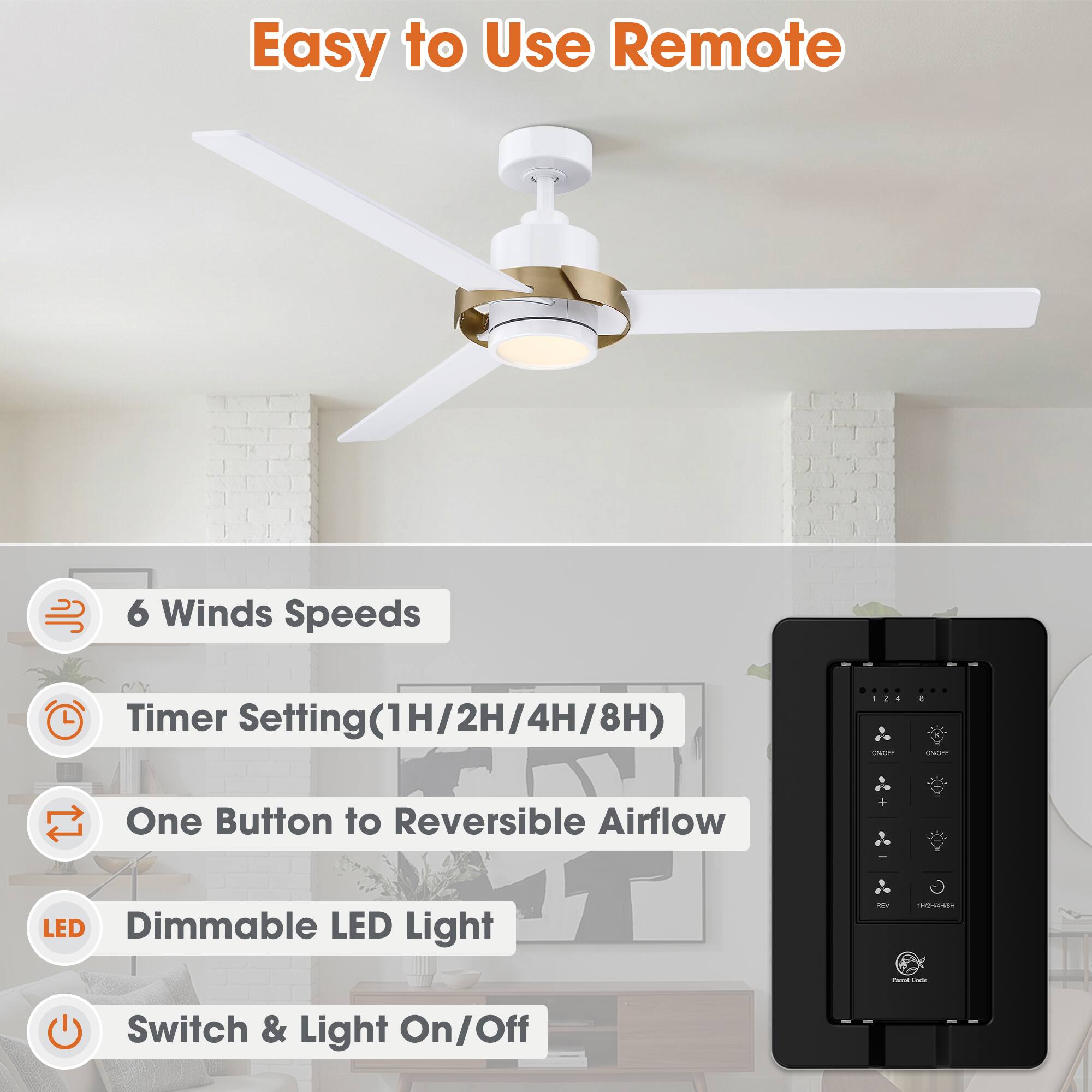 Easy to Use Remote  
6 Winds Speeds  
Timer Setting (1H/2H/4H/8H)  
One Button to Reversible Airflow  
Dimmable LED Light  
Switch & Light On/Off