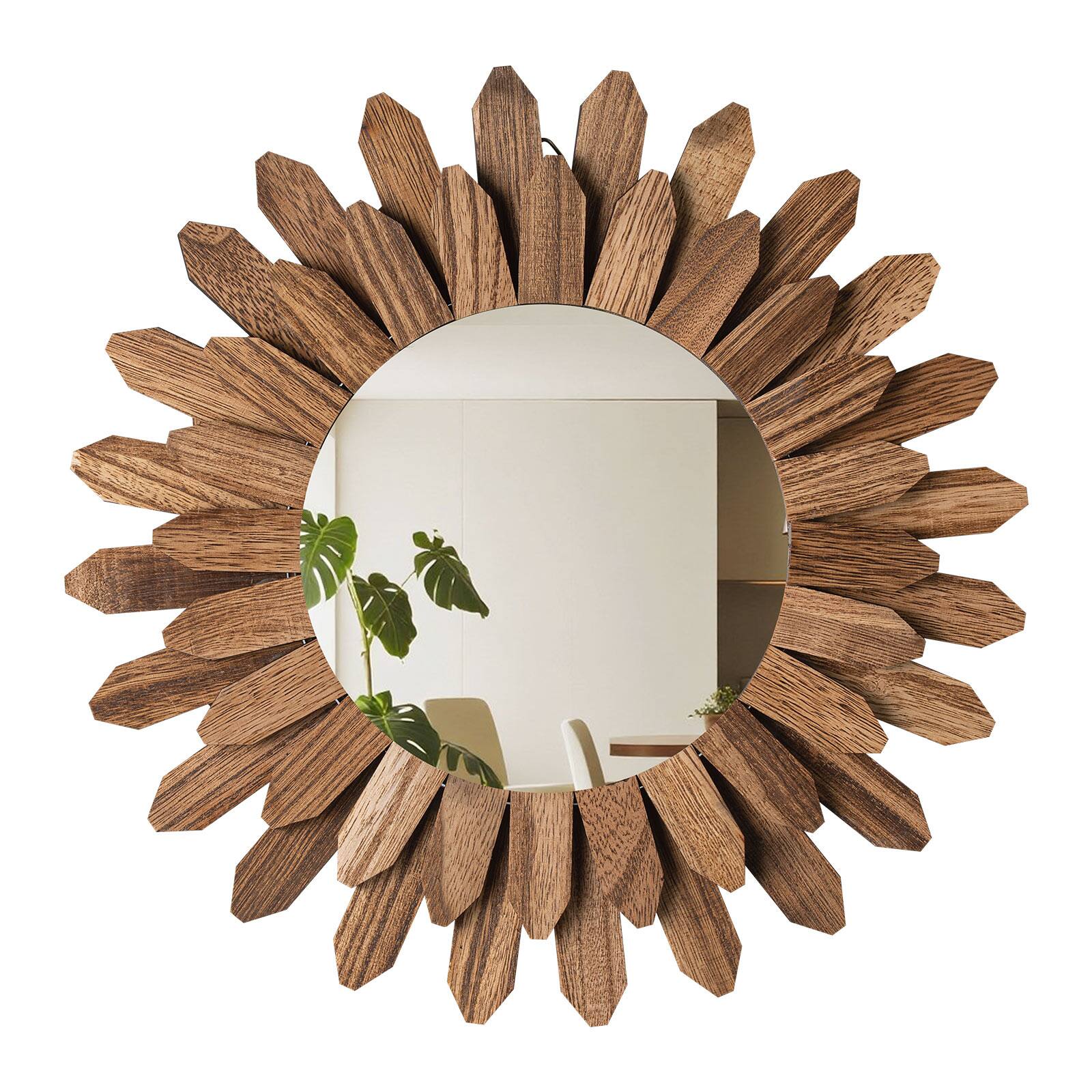 VEVOR - Wall Mirror Decorative, 12-inch Rustic Wood Wall Decor Mirror, Boho Sunburst Aesthetic Mirrors - Dark wood color+silver