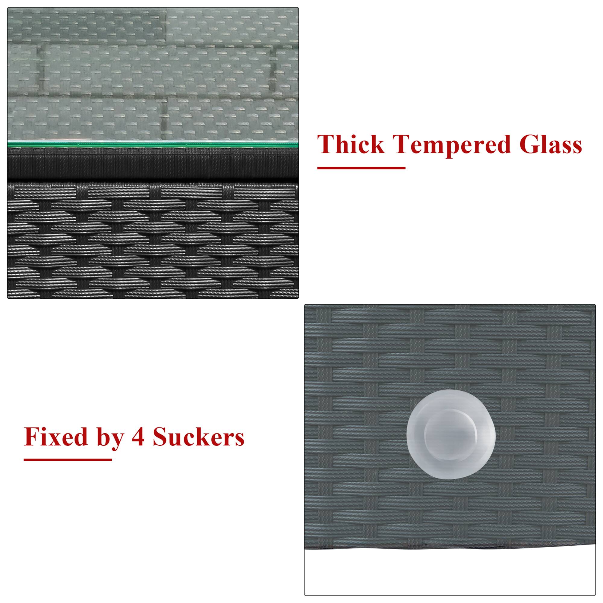 The text on the image is grouped as follows:

"Thick Tempered Glass" is the first group.
"Fixed by 4 Suckers" is the second group.