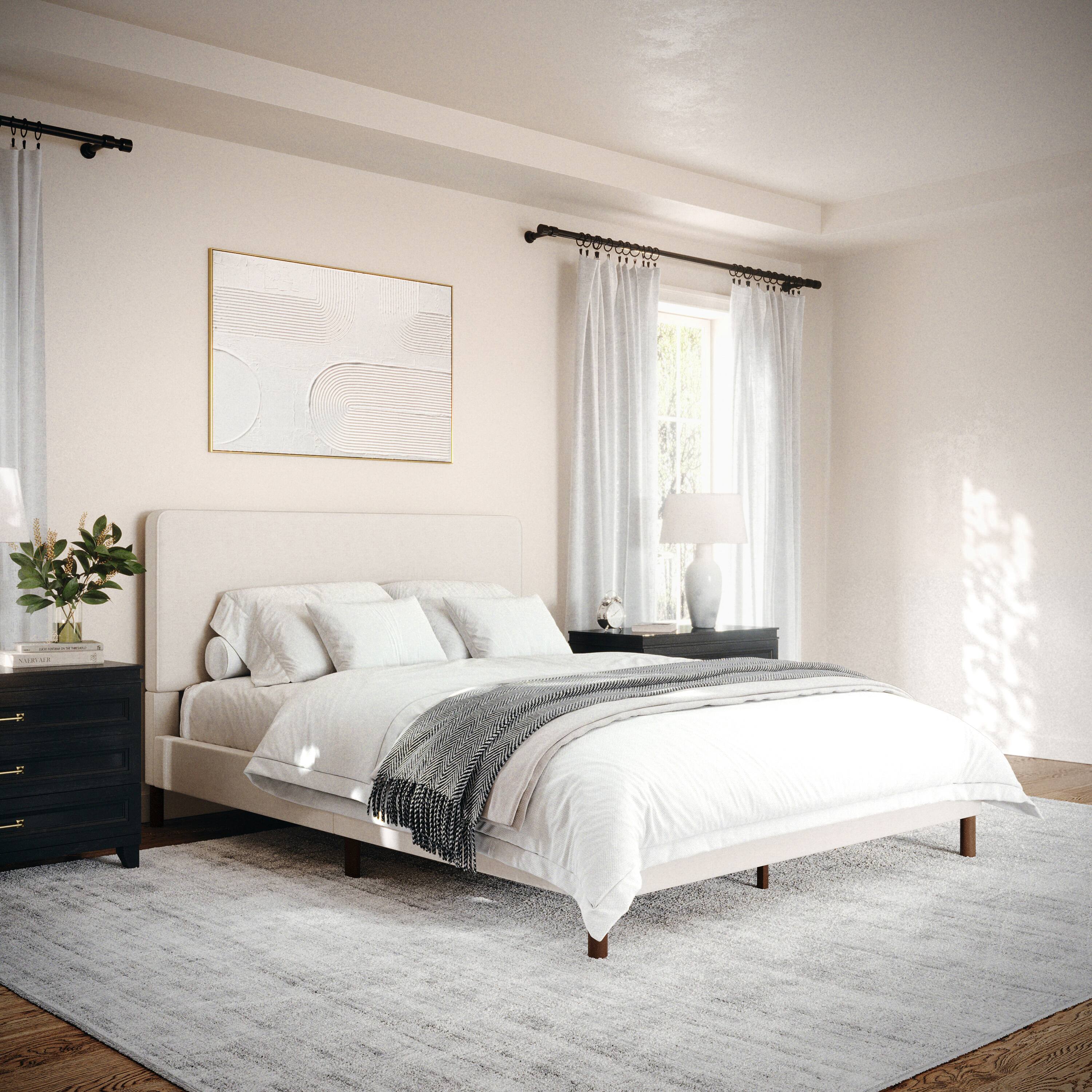 Alt View 14. Martha Stewart - Britta Faux Linen Upholstered Queen Size Platform Bed with Piped Headboard - Beige Fabric/Walnut Legs.