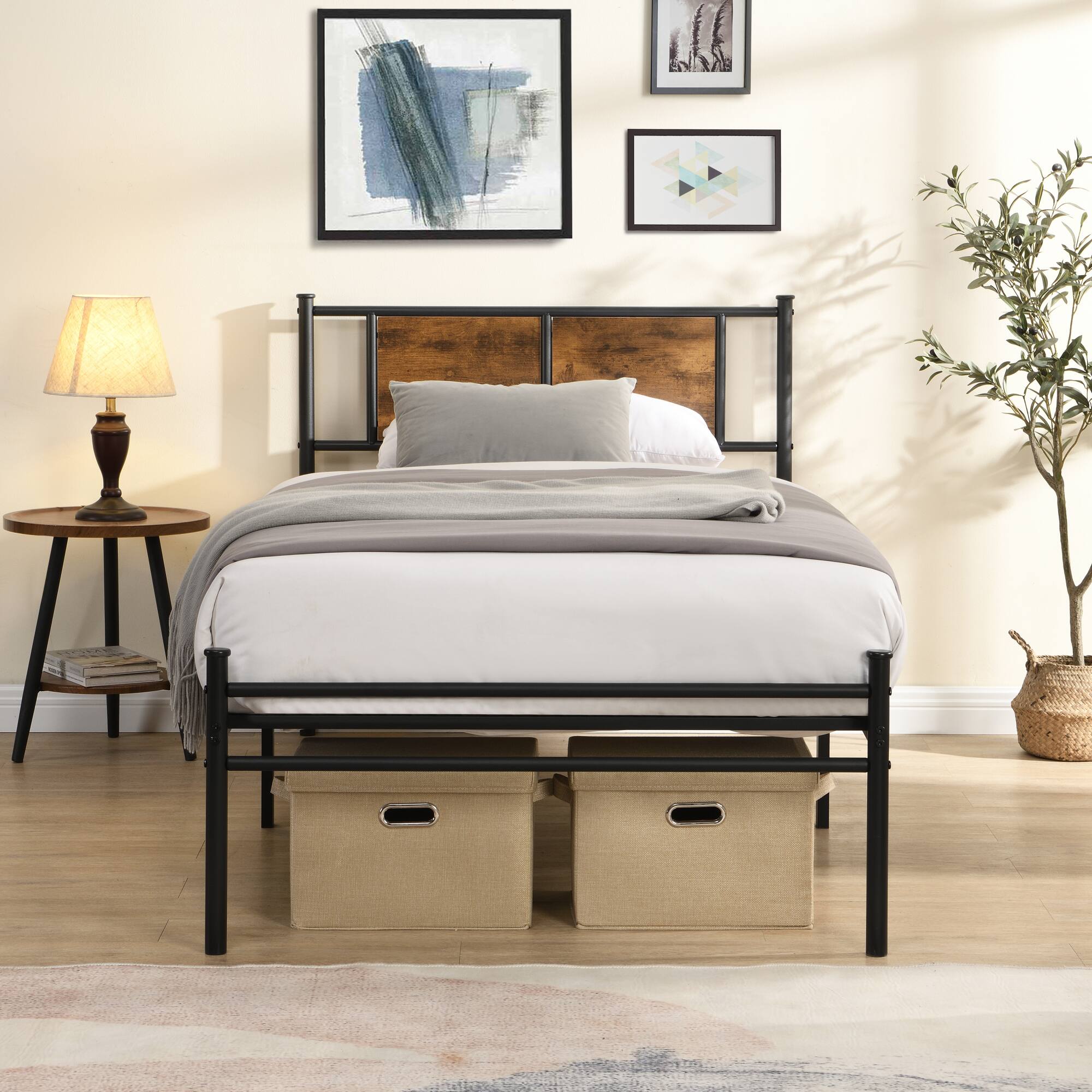 Angle. GOODSILO - Twin Size Metal Bed Frame with Wood Panel Headboard, Sturdy Steel Structure for Enhanced Support and Storage Space - Black+Brown.