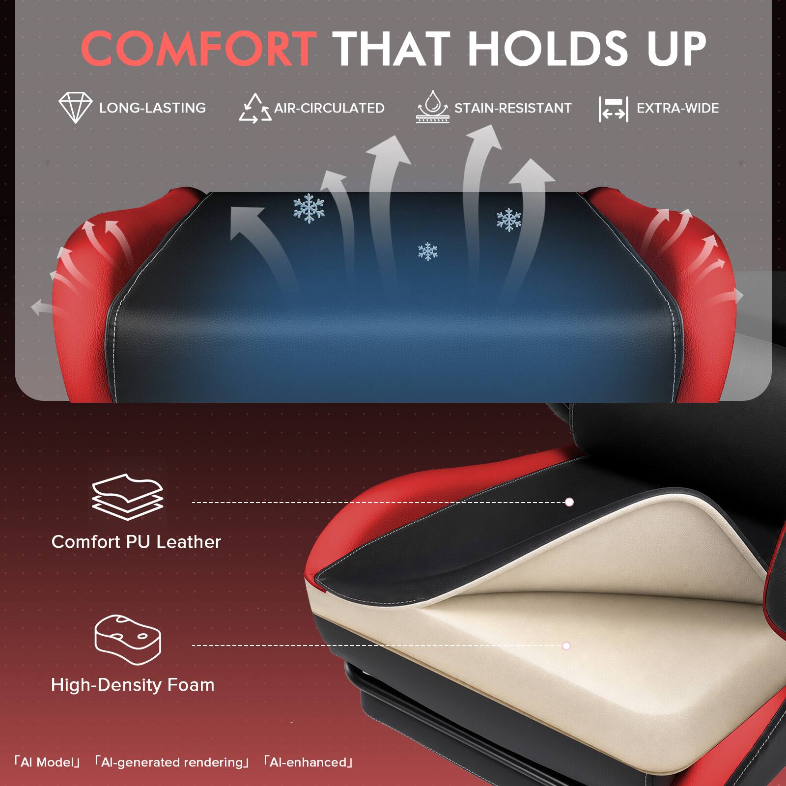 COMFORT THAT HOLDS UP

LONG-LASTING
AIR-CIRCULATED
STAIN-RESISTANT
EXTRA-WIDE

Comfort PU Leather
High-Density Foam

[AI Model] [AI-generated rendering] [AI-enhanced]
