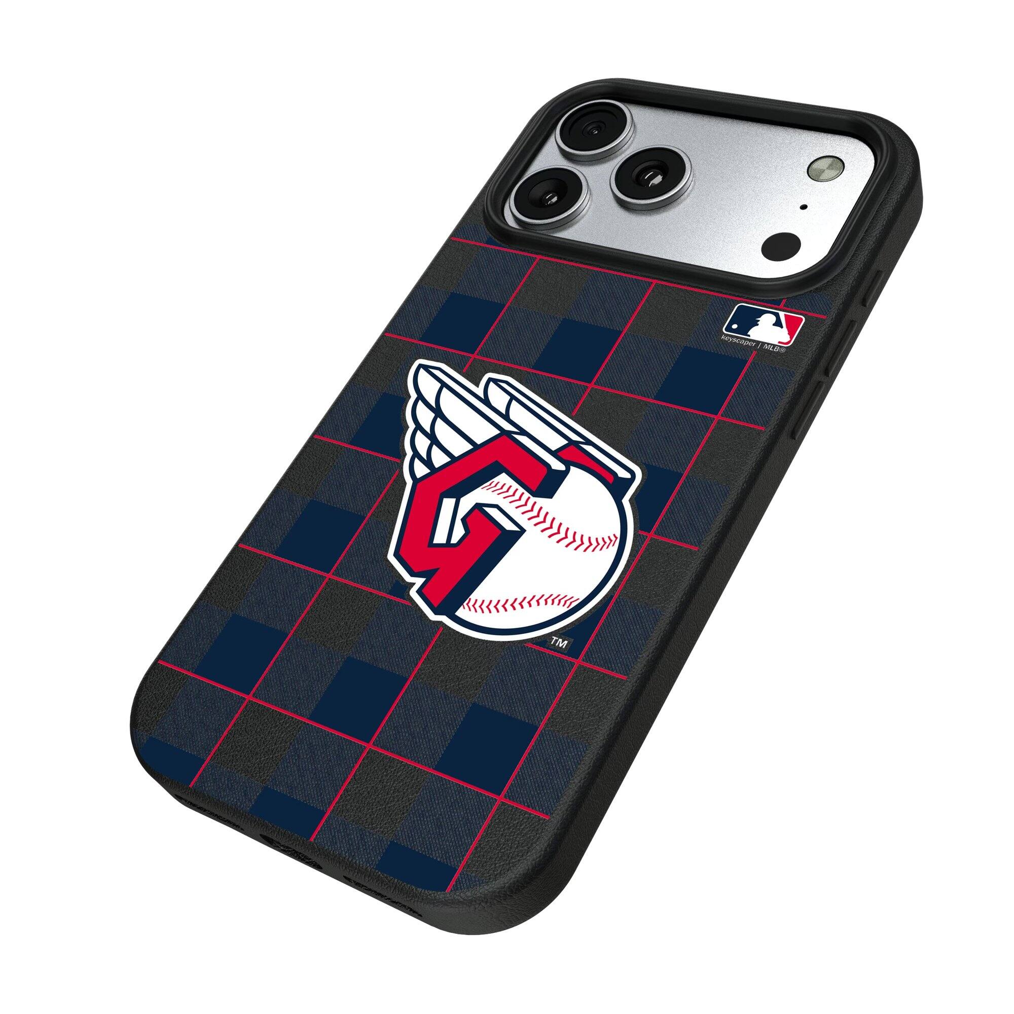 Alt View 1. Keyscaper - Cleveland Guardians Plaid Magnetic Bump iPhone Case - 16 Pro - Black.