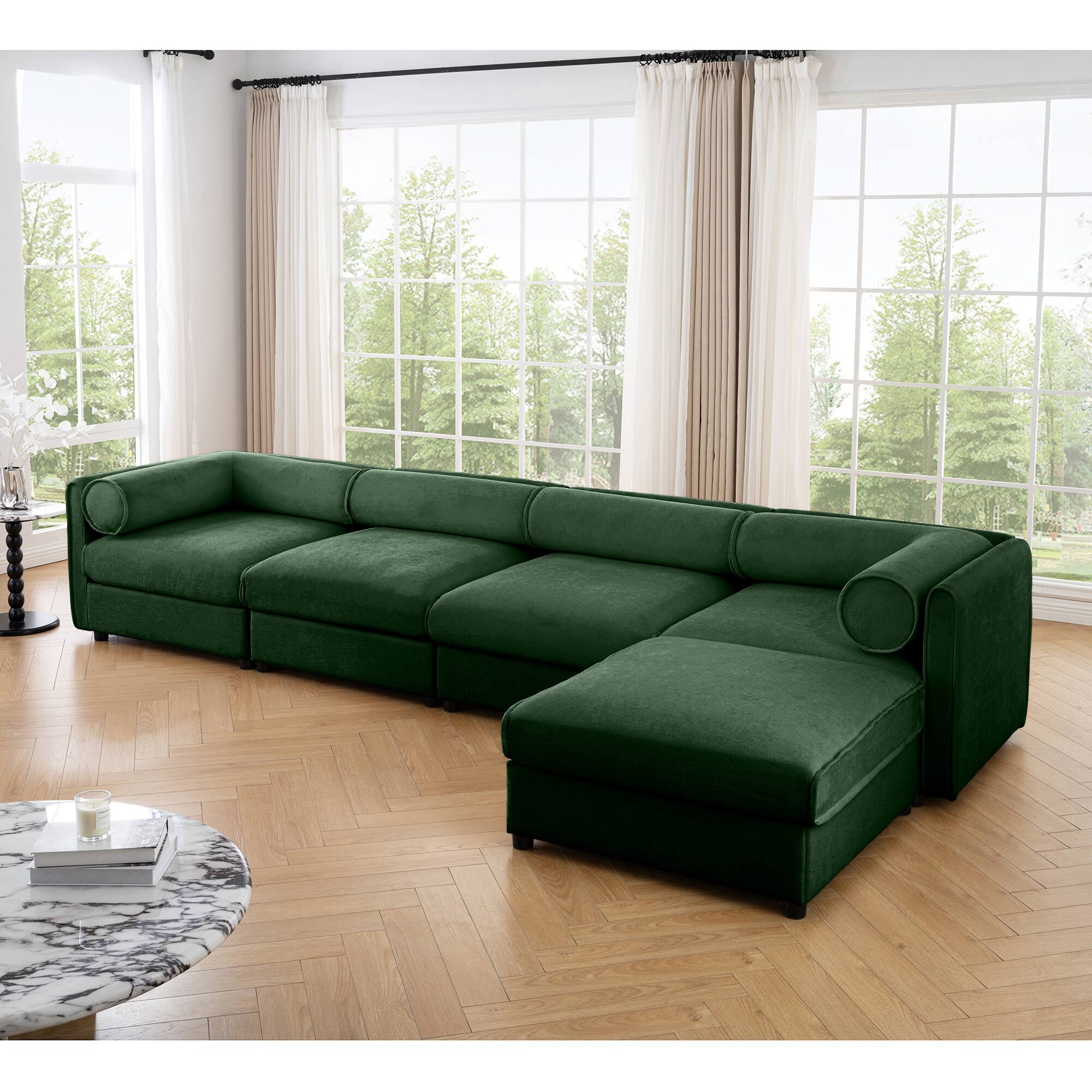 Left. LOVMOR - 4 Seat Chenille Modular Sectional Couch L Shaped Storage Ottoman Cylindrical Support For Living Room Plush Den - Green.