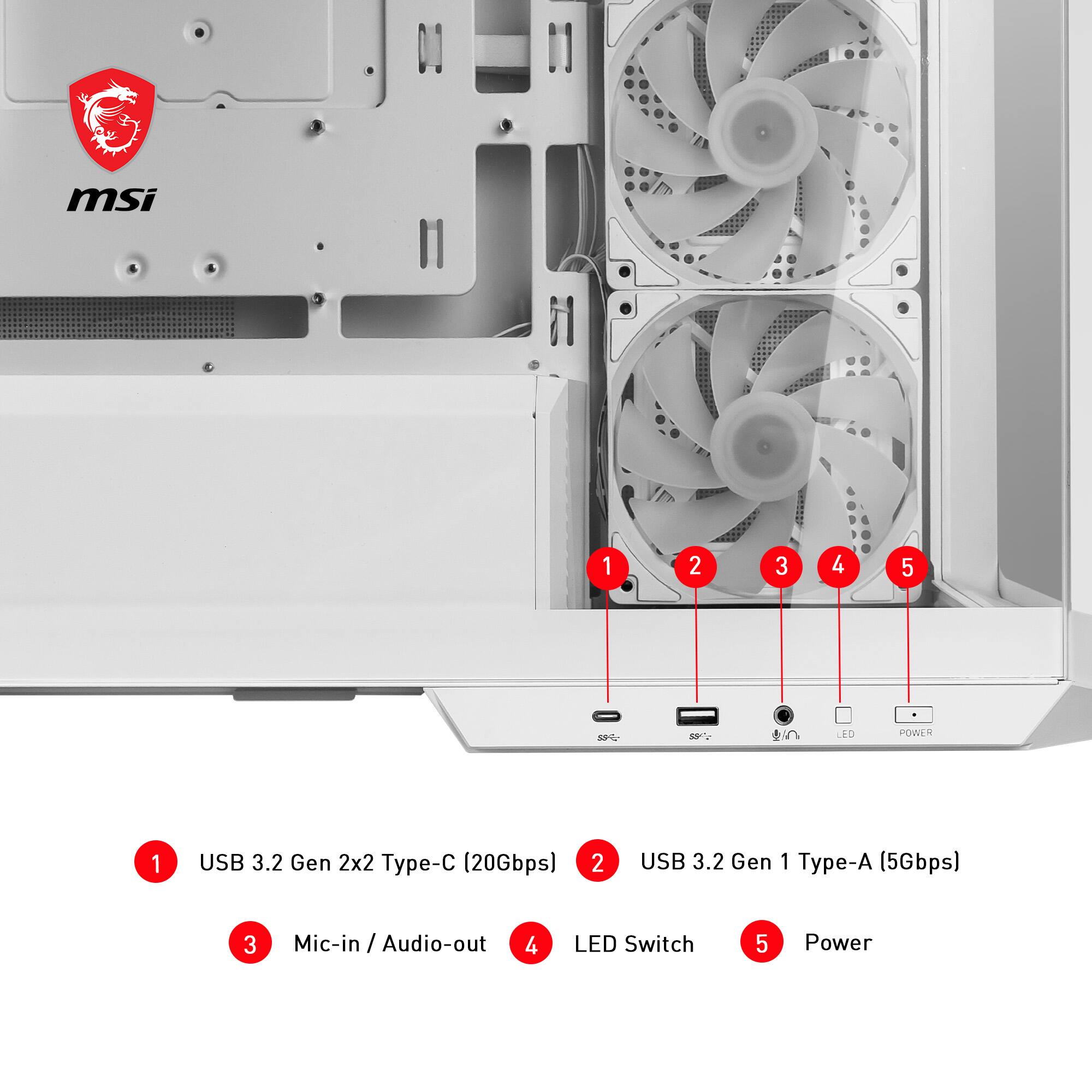 The text on the image is grouped and corrected as follows:

1. USB 3.2 Gen 2x2 Type-C (20Gbps)
2. USB 3.2 Gen 1 Type-A (5Gbps)
3. Mic-in / Audio-out
4. LED Switch
5. Power

The image shows a computer with its side panel removed, revealing the internal components, including the fans and the power supply. The fans are labeled with numbers, indicating their functions or connections.