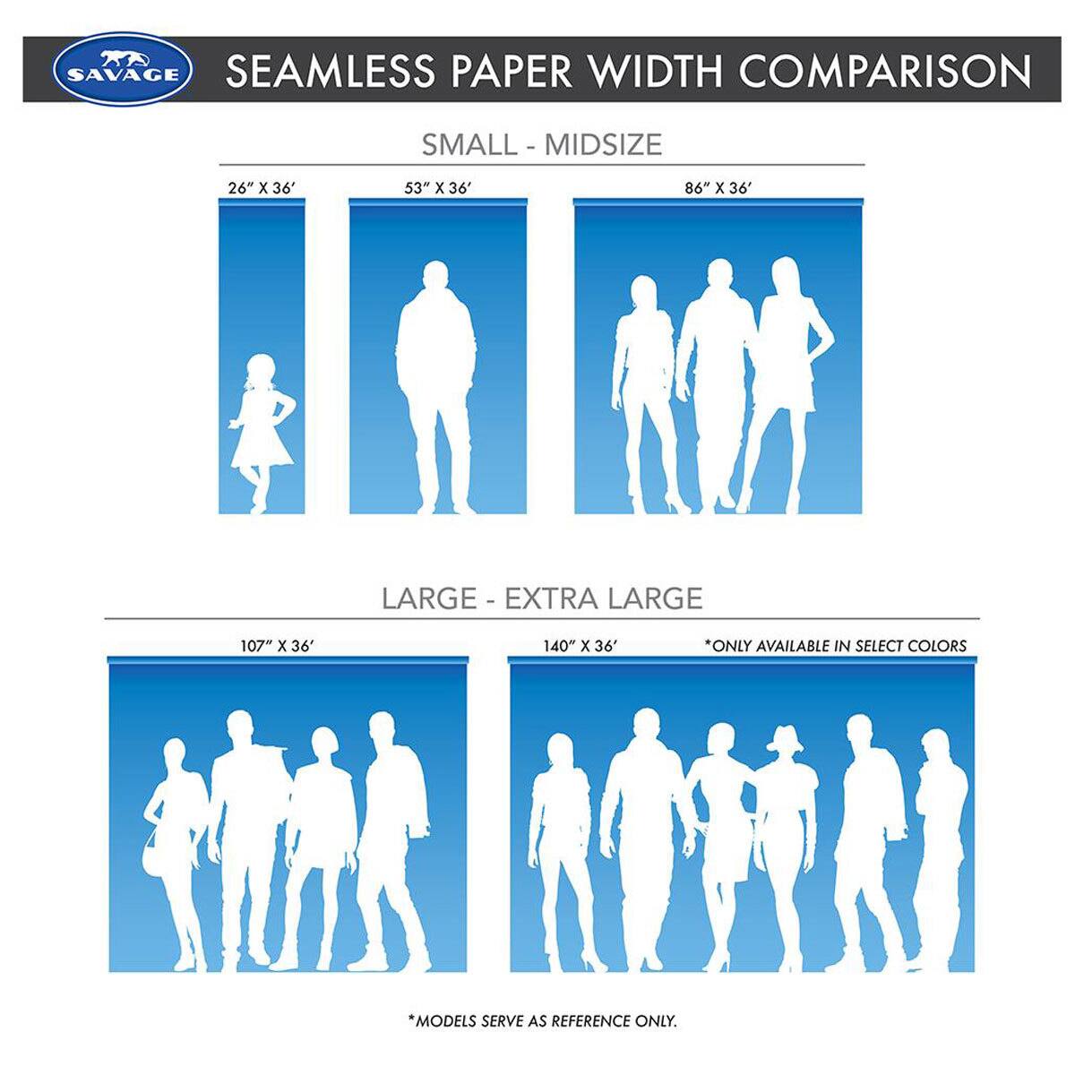SAVAGE SEAMLESS PAPER WIDTH COMPARISON

SMALL - MIDSIZE
26" X 36'
53" X 36'
86" X 36'

LARGE - EXTRA LARGE
107" X 36'
140" X 36'

*ONLY AVAILABLE IN SELECT COLORS
*MODELS SERVE AS REFERENCE ONLY.