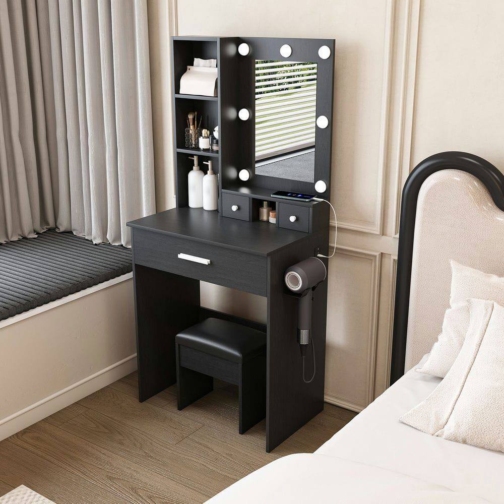Alt View 6. Kadyn - Compact Vanity Desk with Adjustable LED Mirror and Power Outlet - Black - Black.