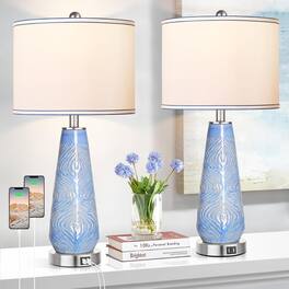 Akoasm - Touch Control Table Lamp Set of 2 Blue Art Ceramic Bedside Lamp with USB Ports for Living Room Bedroom Office