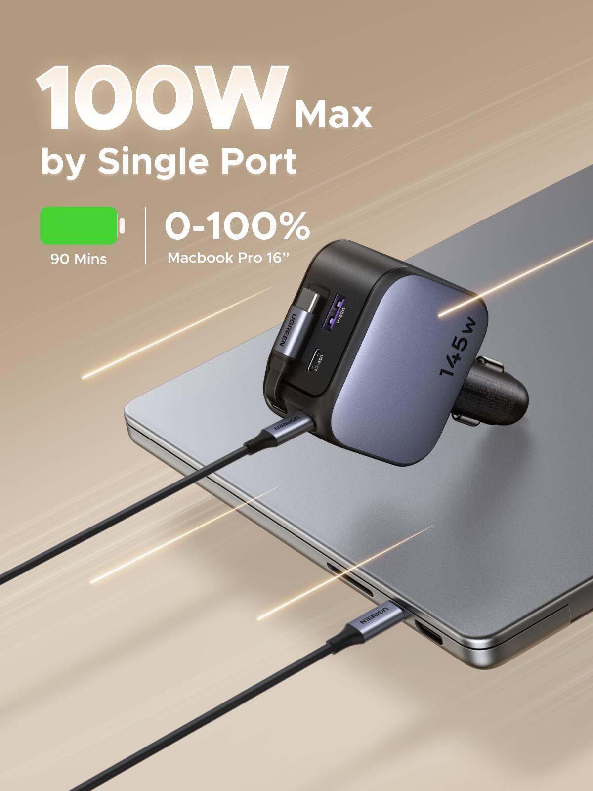 100W Max by Single Port  
0-100%  
90 Mins  
Macbook Pro 16"  
USD-A  
UGREEN  
145W  
UGREEN