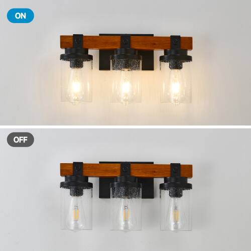 Angle. LUCKY ONE - 3-Light Matte Black Wood Wall Lamp, Glass Shade Sconce for Bathroom or Bedroom Wall Mount - Matte Black,Wood.