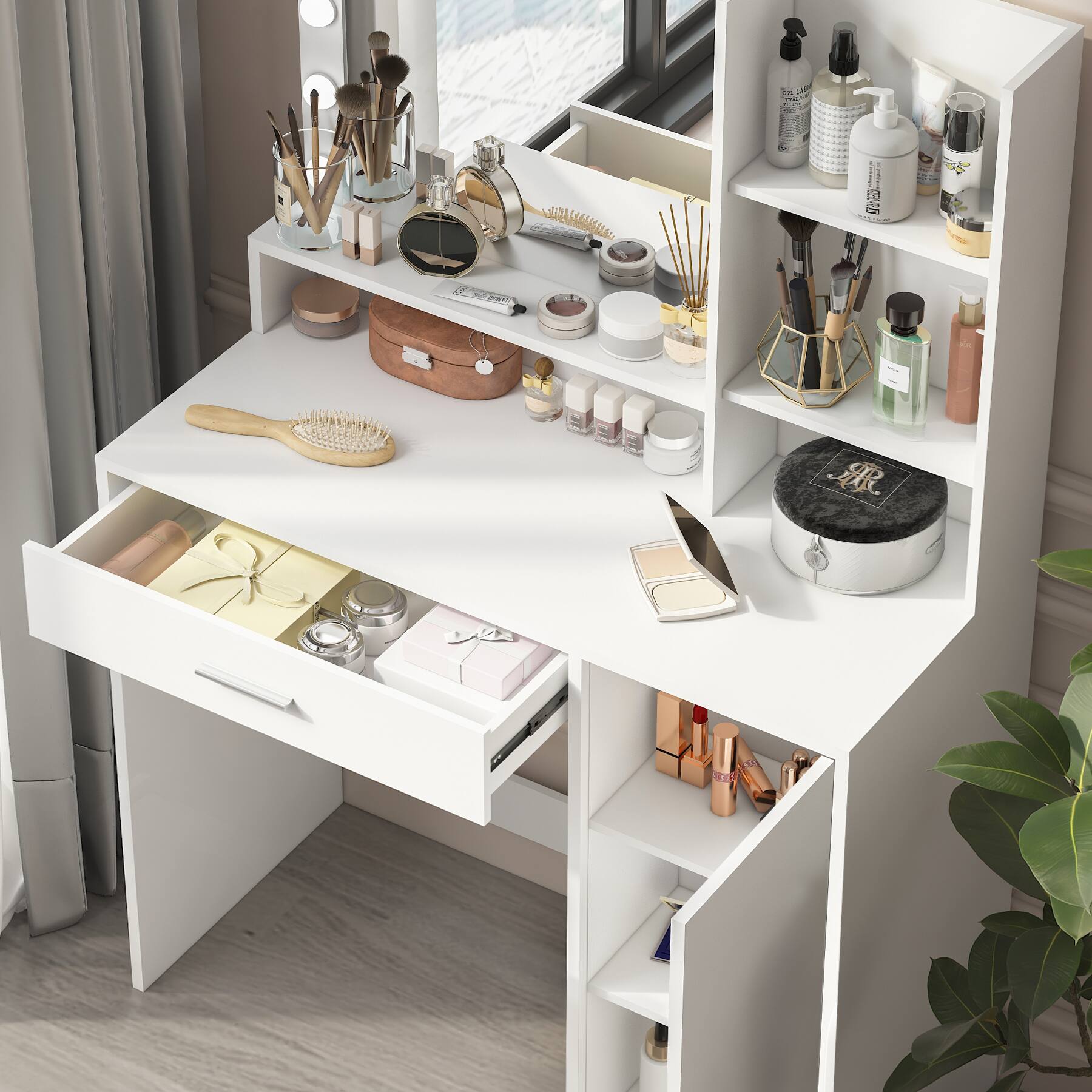 Alt View 2. Lirago - Vanity Desk with Mirror Light Wood Dresser Table Makeup Vanities  White  53.9"H x 15.7"D x 35.4"W - White.