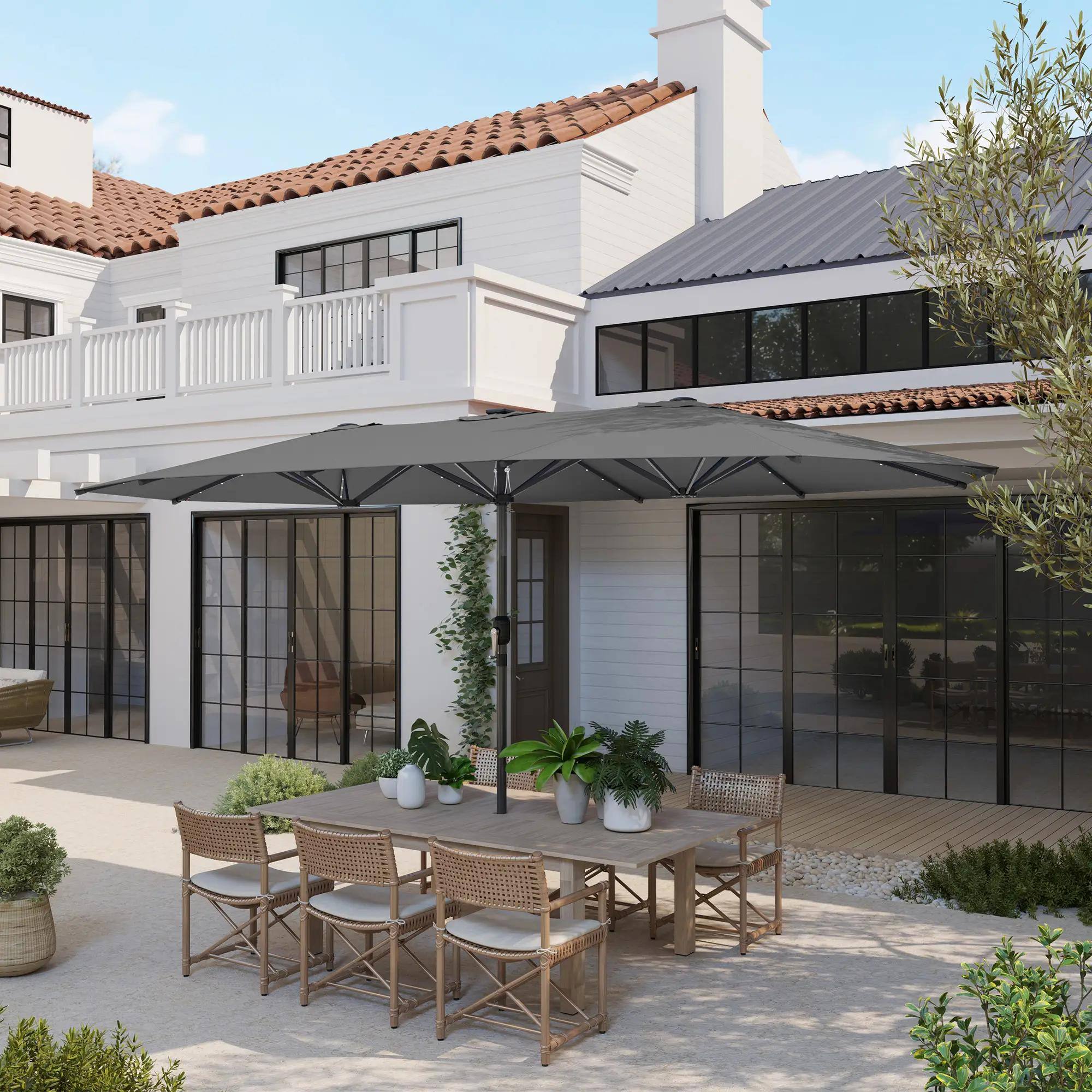 Alt View 6. Spaco - Spaco Double-Sided Garden Parasol, Patio Sun Umbrella with LED Solar Lights - Grey.