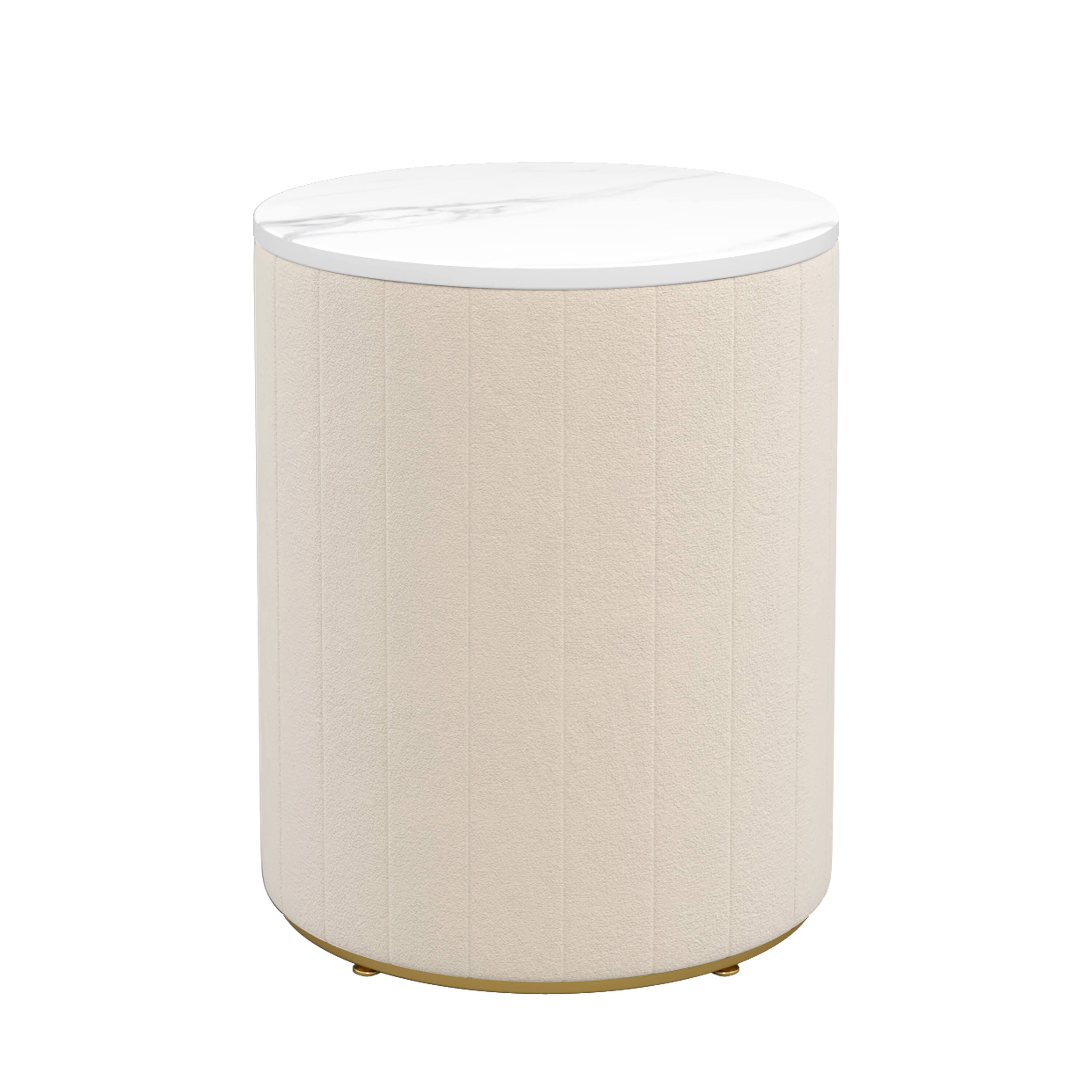 Alt View 6. Spaco - Spaco Upholstered Round Nightstand with 3 Drawers and Metal Handles, Marbling Sticker Top for Bedroom - Beige.