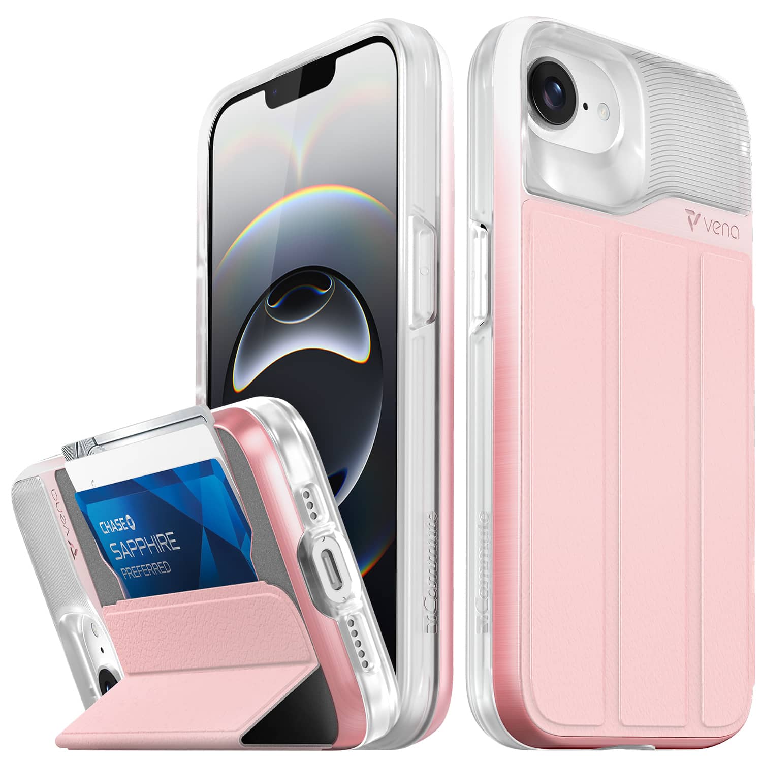 Vena - vCommute for Apple iPhone 16e Case, Wallet Case, Leather Flip Cover with Card Slot and Kickstand, [Military Grade ] - Pink