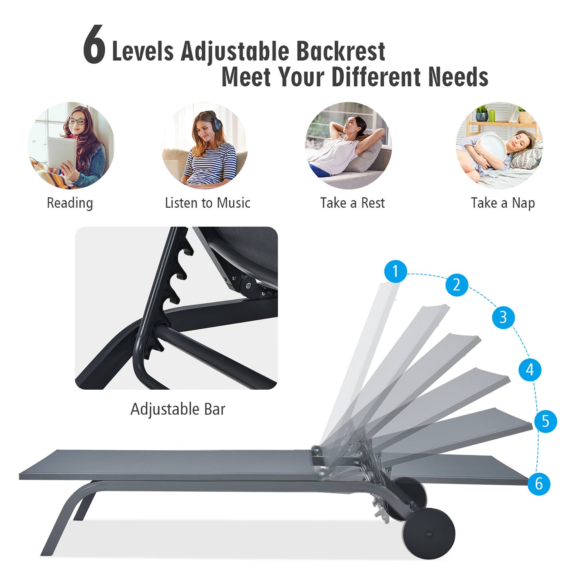 6 Levels Adjustable Backrest Meet Your Different Needs

Reading
Listen to Music
Take a Rest
Take a Nap

1
2
3
4
Adjustable Bar
5
6
