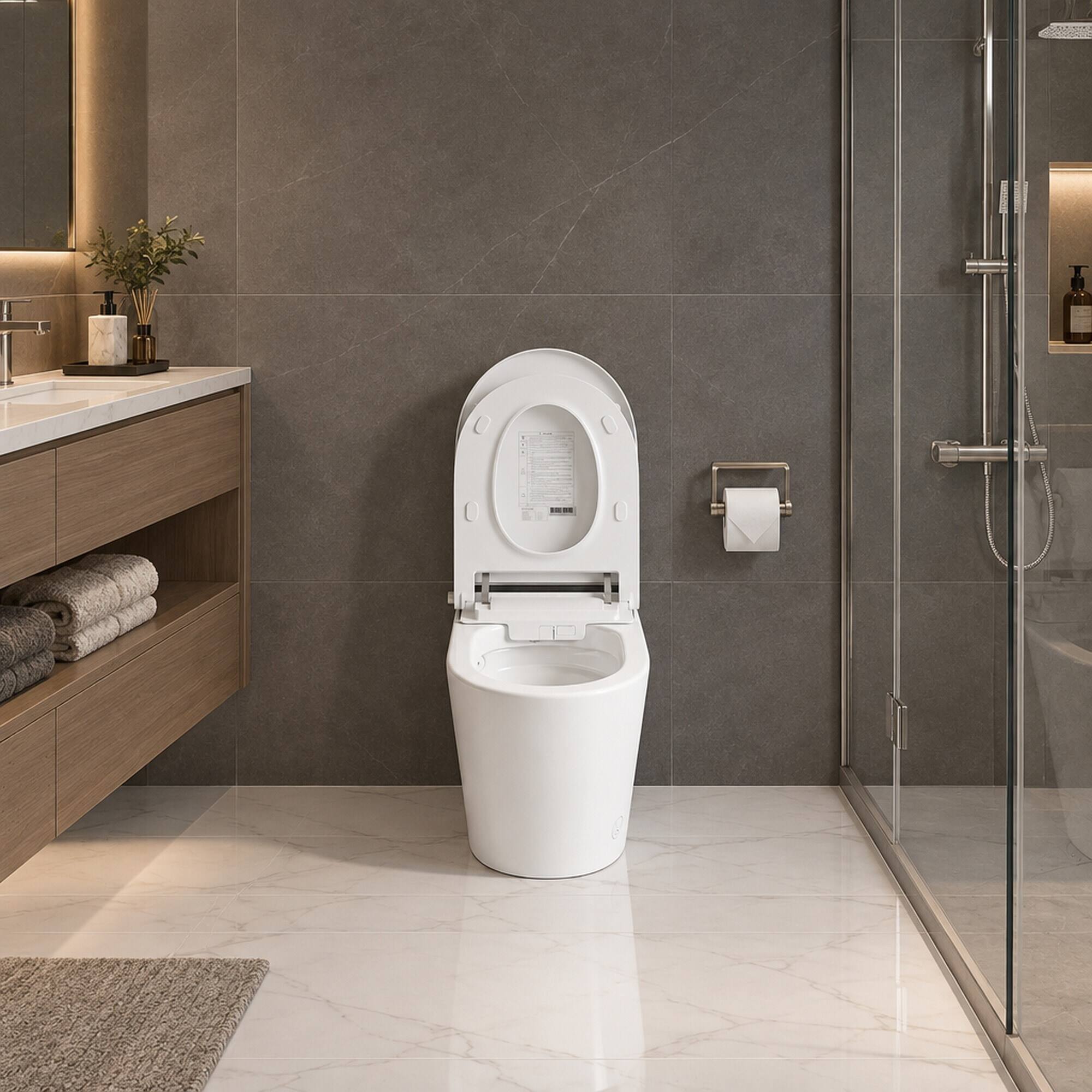 Back. RYHNUYNE - All In One Smart Toilet, No Water Pressure Limit High Speed Drying Automatic Flip Sterilization Splash Proof Foam Shield - White.