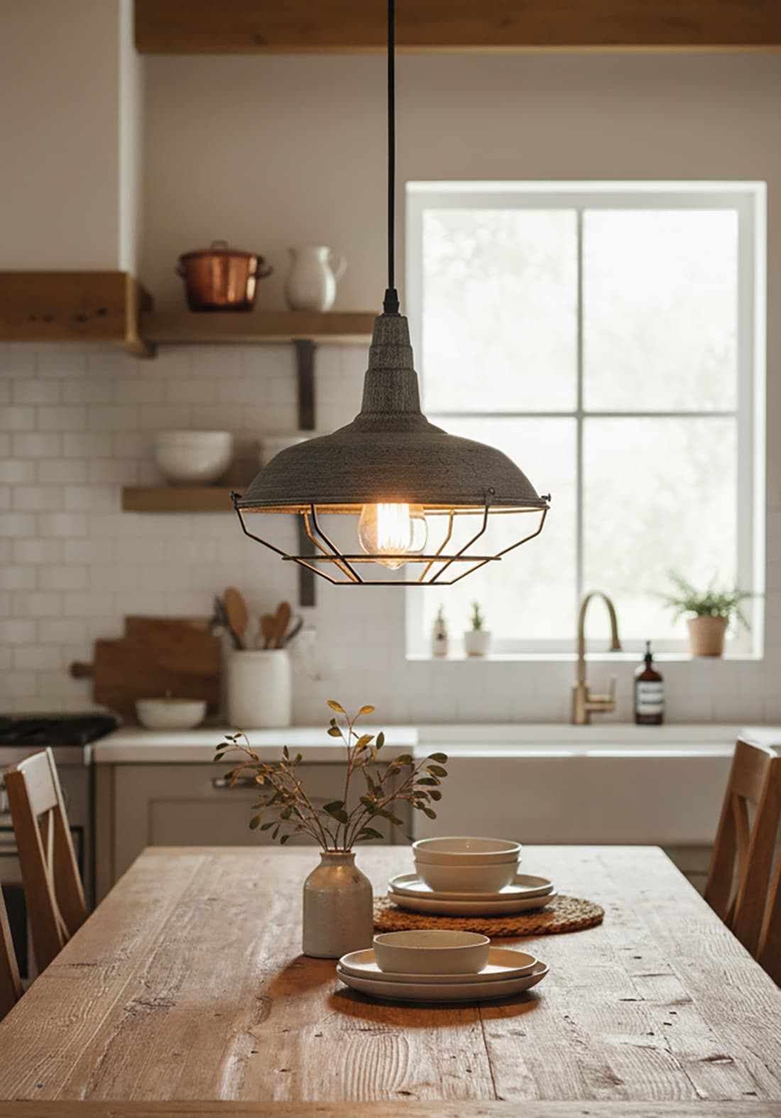 Alt View 3. FINEAK - Vintage Stained Metal Cage Barn Pendant Light - 1-Light Hanging Ceiling Fixture - Brown.