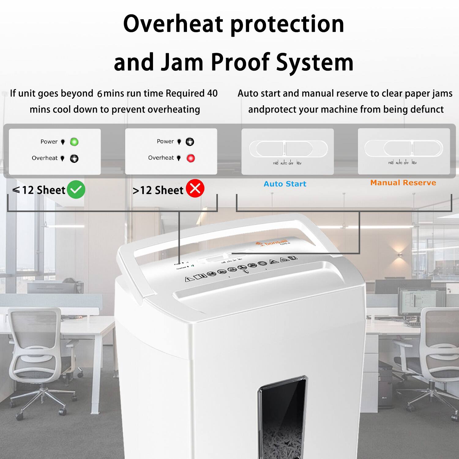 Overheat protection and Jam Proof System

If unit goes beyond 6 mins run time Required 40 mins cool down to prevent overheating

Auto start and manual reserve to clear paper jams and protect your machine from being defunct

Power Overheat
Power Overheat

<12 Sheet ✓
>12 Sheet ✗

Auto Start
Manual Reserve