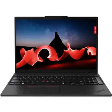 Lenovo ThinkPad laptop computer with a red and blue screen saver.