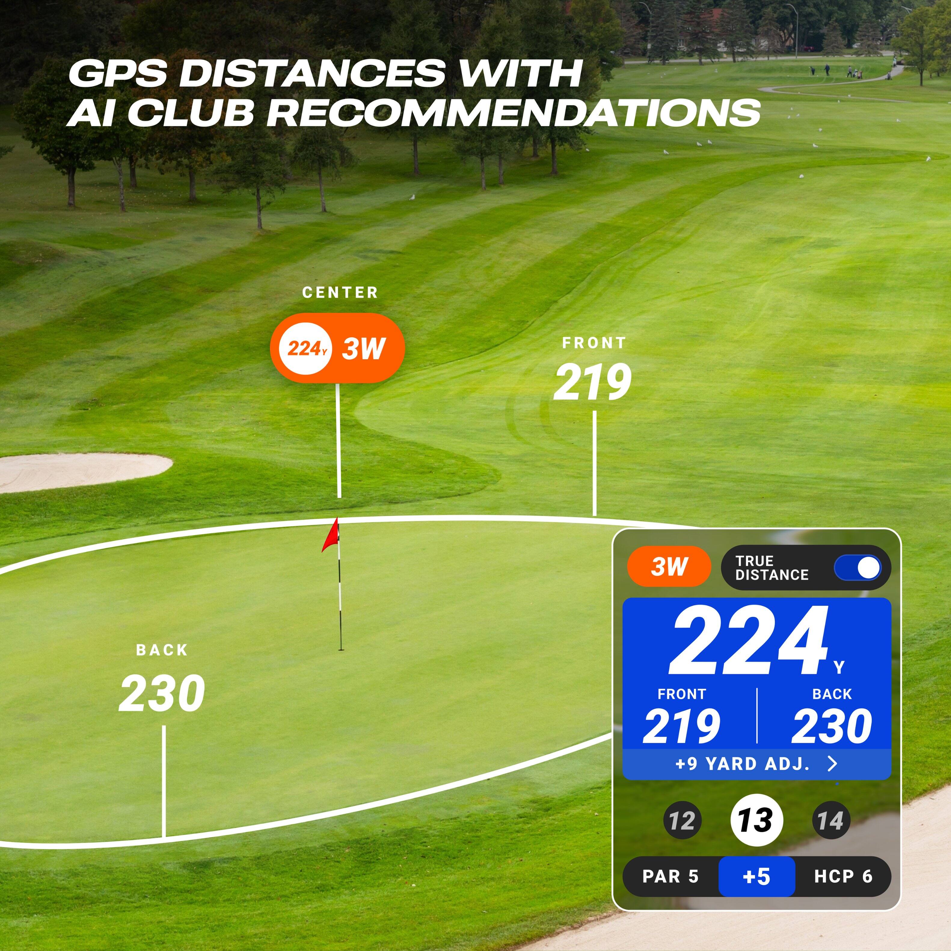 GPS DISTANCES WITH AI CLUB RECOMMENDATIONS

CENTER 224 3W
FRONT 219
BACK 230

3W TRUE DISTANCE
224 Y
FRONT 219
BACK 230
+9 YARD ADJ. > 12 13 14
PAR 5 +5
HCP 6
