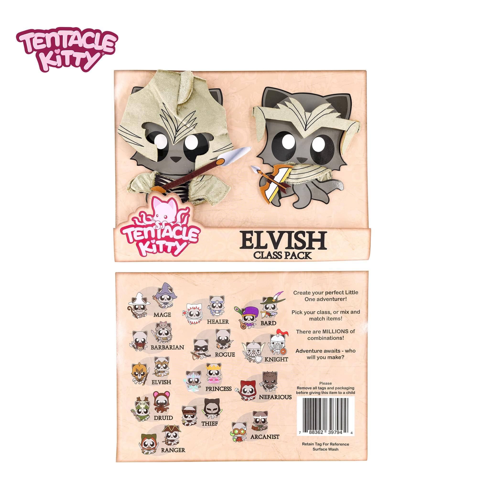TENTACLE KITTY  
TENTACLE ELVISH KITTY CLASS PACK  

Create your perfect Little One adventurer!  
MAGE CHEALER BARD  
Pick your class, or mix and match items!  
There are MILLIONS of combinations!  
BARBARIAN ROGUE  
Adventure awaits who KNIGHT will you make?  
ELVISH PRINCESS  

Please Remove all packaging before giving this item to a child  

NEFARIOUS DRUID THIEF RANGER ARCANIST  

I 88362 39794  
a Relain Tag for Preference Surface Wash