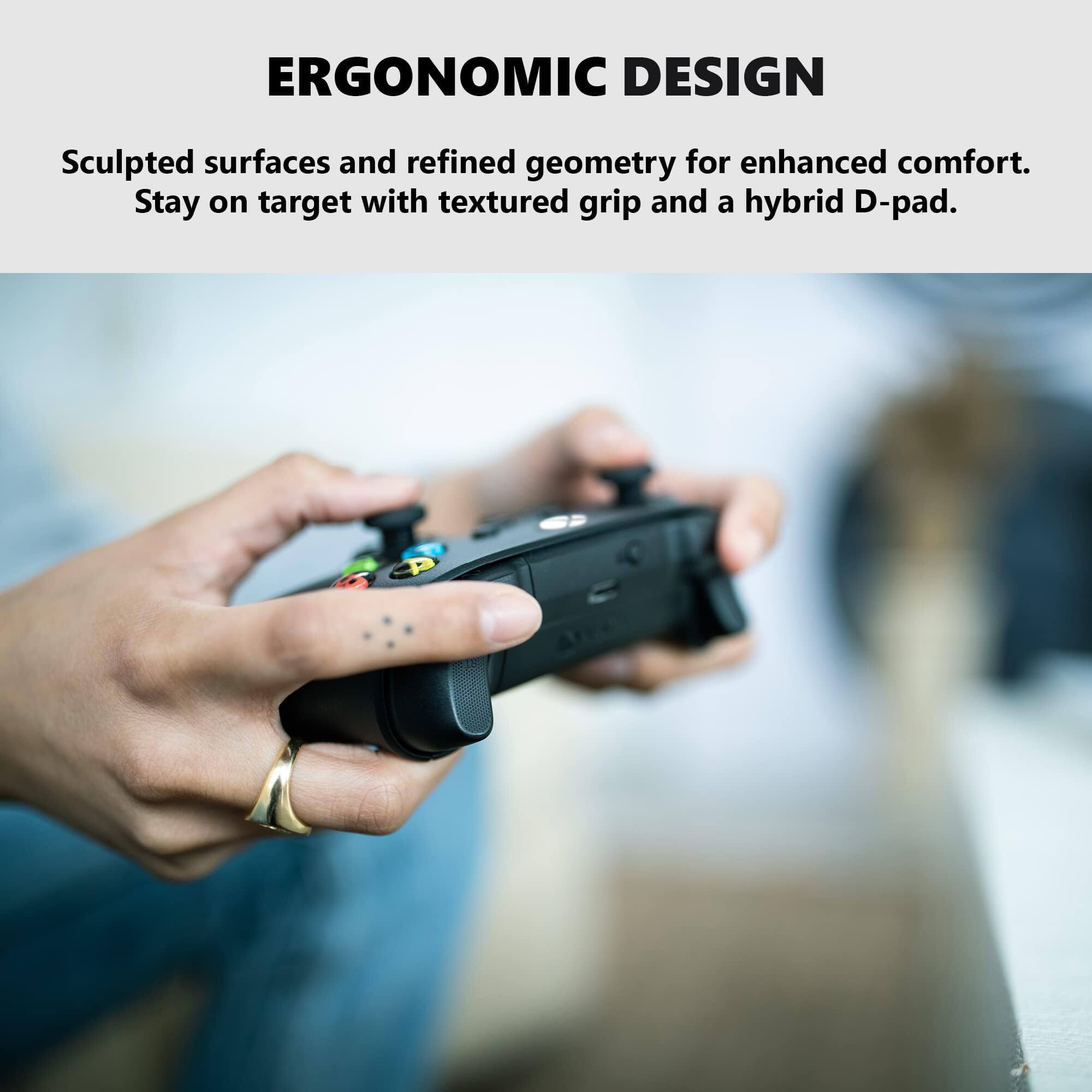 ERGONOMIC DESIGN

Sculpted surfaces and refined geometry for enhanced comfort. Stay on target with textured grip and a hybrid D-pad.
