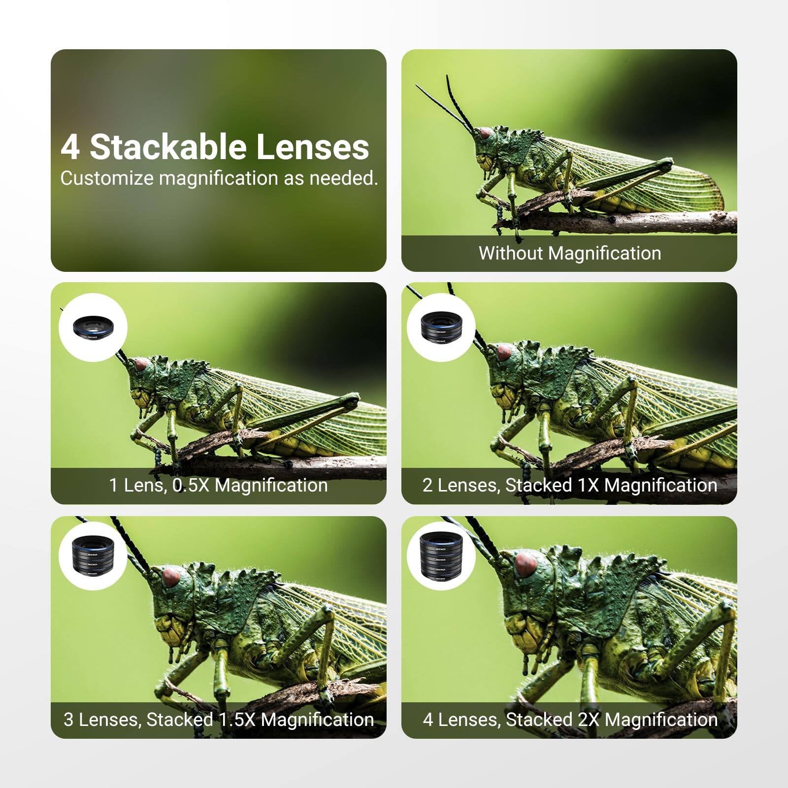 4 Stackable Lenses  
Customize magnification as needed.

- Without Magnification
- 1 Lens, 0.5X Magnification
- 2 Lenses, Stacked 1X Magnification
- 3 Lenses, Stacked 1.5X Magnification
- 4 Lenses, Stacked 2X Magnification