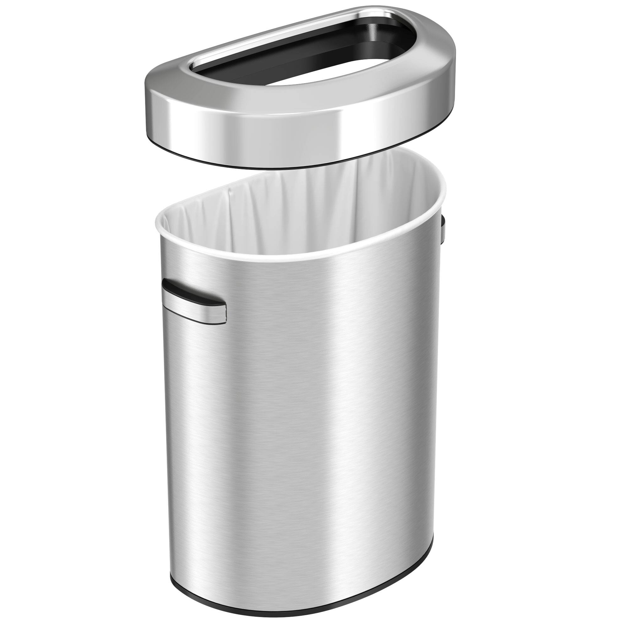 Left. iTouchless - 18 Gallon Stainless Steel Semi-Round Open Top Kitchen Trash Can - Silver.