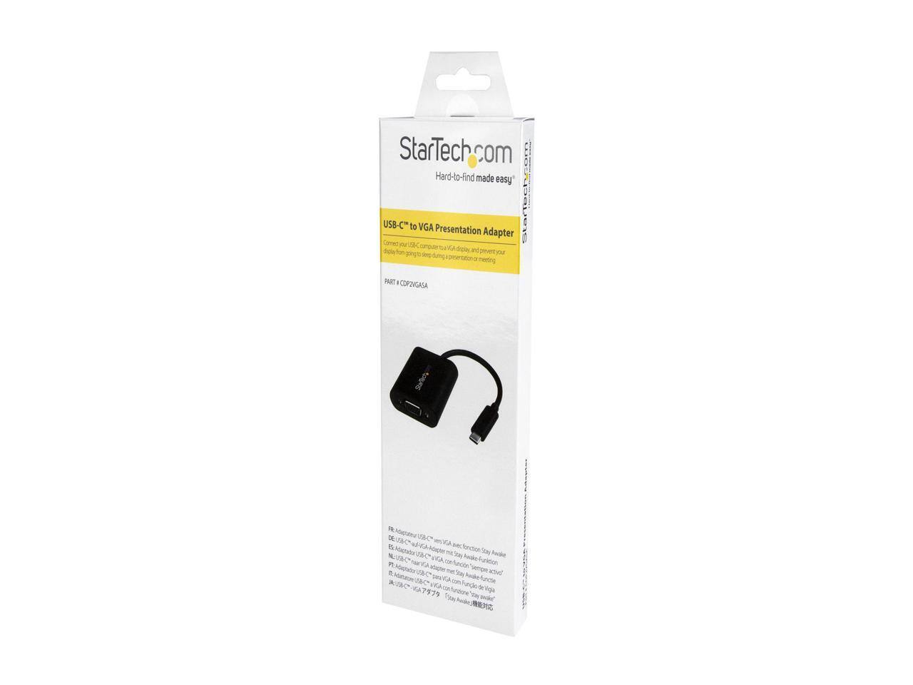 StarTech.com Hard-to-find made easy USB-C to VGA Presentation Adapter  
StarTech.com Connect your USB-C computer to a VGA display, and prevent your display from going to sleep during a presentation or meeting  
PART # CDP2VGASA  
FR. Adaptateur VGA avec fonction Stay Awake