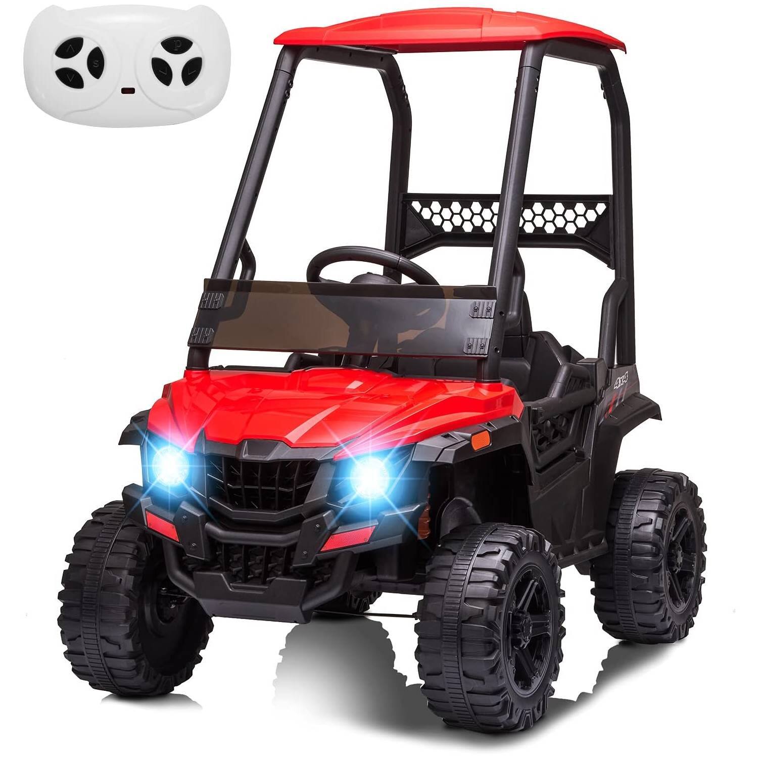 Jojoka - 12V Electric Dump Truck for Kids w/Remote, Sun Shade, LED Lights, MP3/USB, 3 Speeds & Shock-Absorbing Wheels - Red