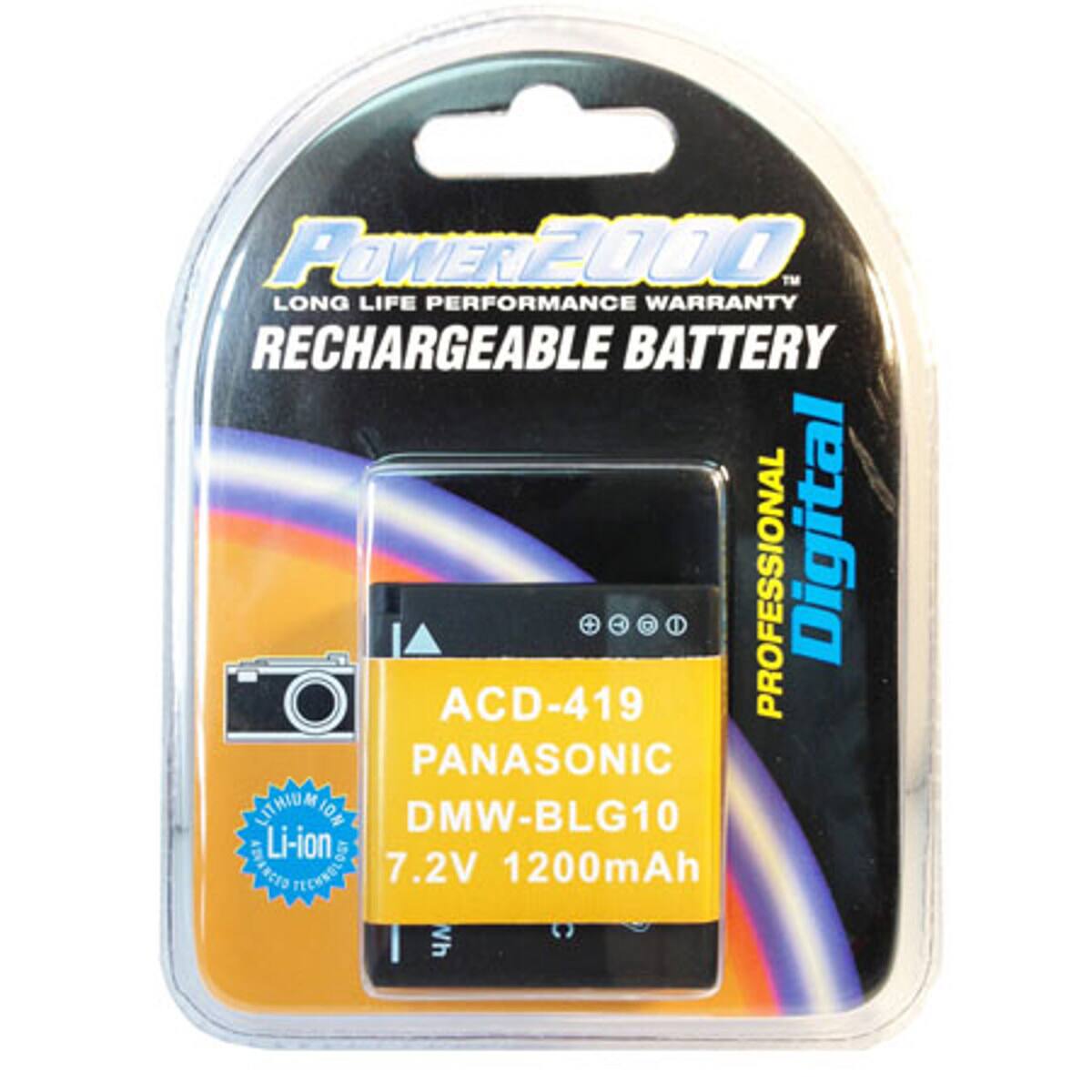POWER2000 LONG LIFE PERFORMANCE WARRANTY RECHARGEABLE BATTERY PANASONIC ACD-419 PROFESSIONAL Digital LITHIUM ION DMW-BLG10 Li-ion 7.2V 1200mAh