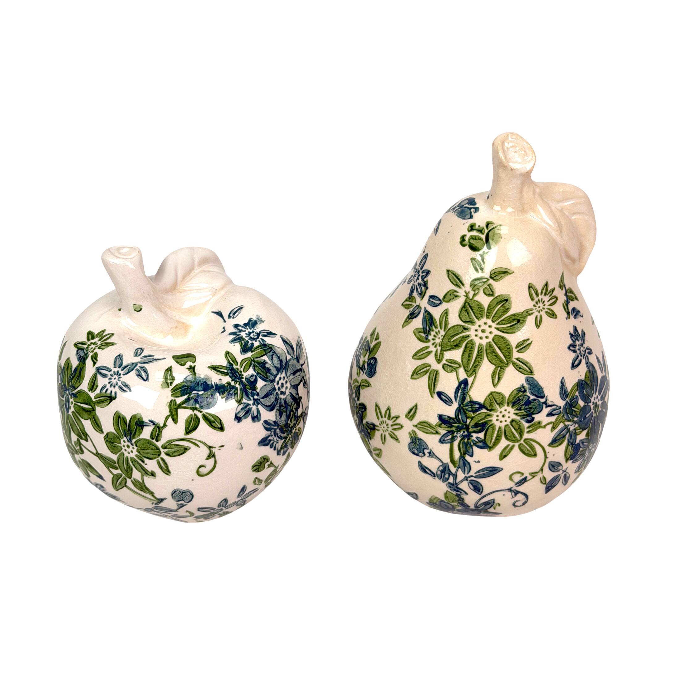 Alt View 1. Things2Die4 - Blue Green Floral Ceramic Fruit Figurines Apple and Pear Set 6.25 Inch - Green.