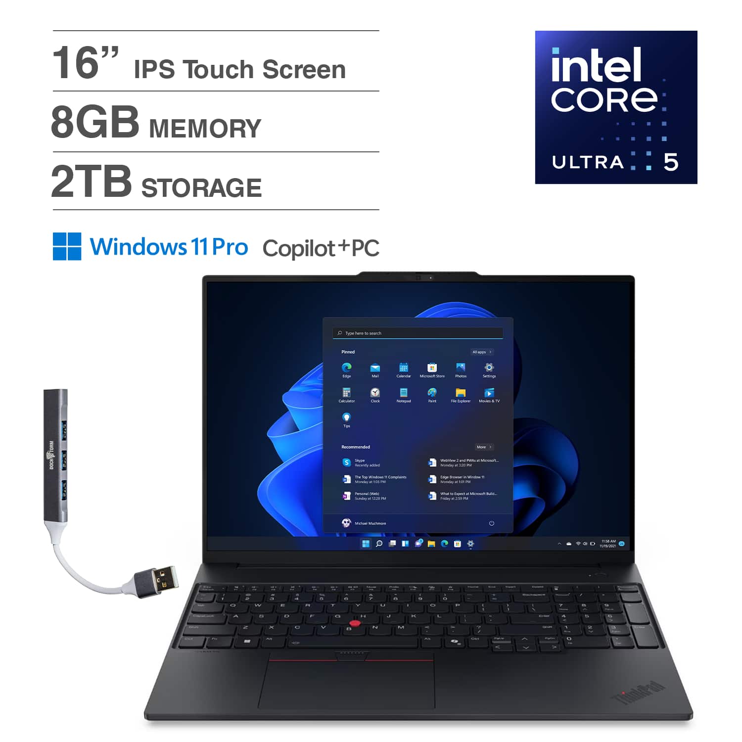 Lenovo - ThinkPad E16 Laptop 16'' Touchscreen (Intel Ultra 5-225U, 8GB DDR5, 2TB SSD, Win 11 Pro) w/DKZ USB Hub - Black