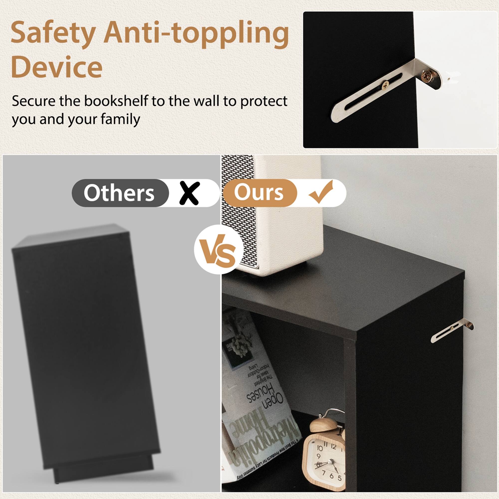 Safety Anti-toppling Device: Secure the bookshelf to the wall to protect you and your family. Others vs. Ours.