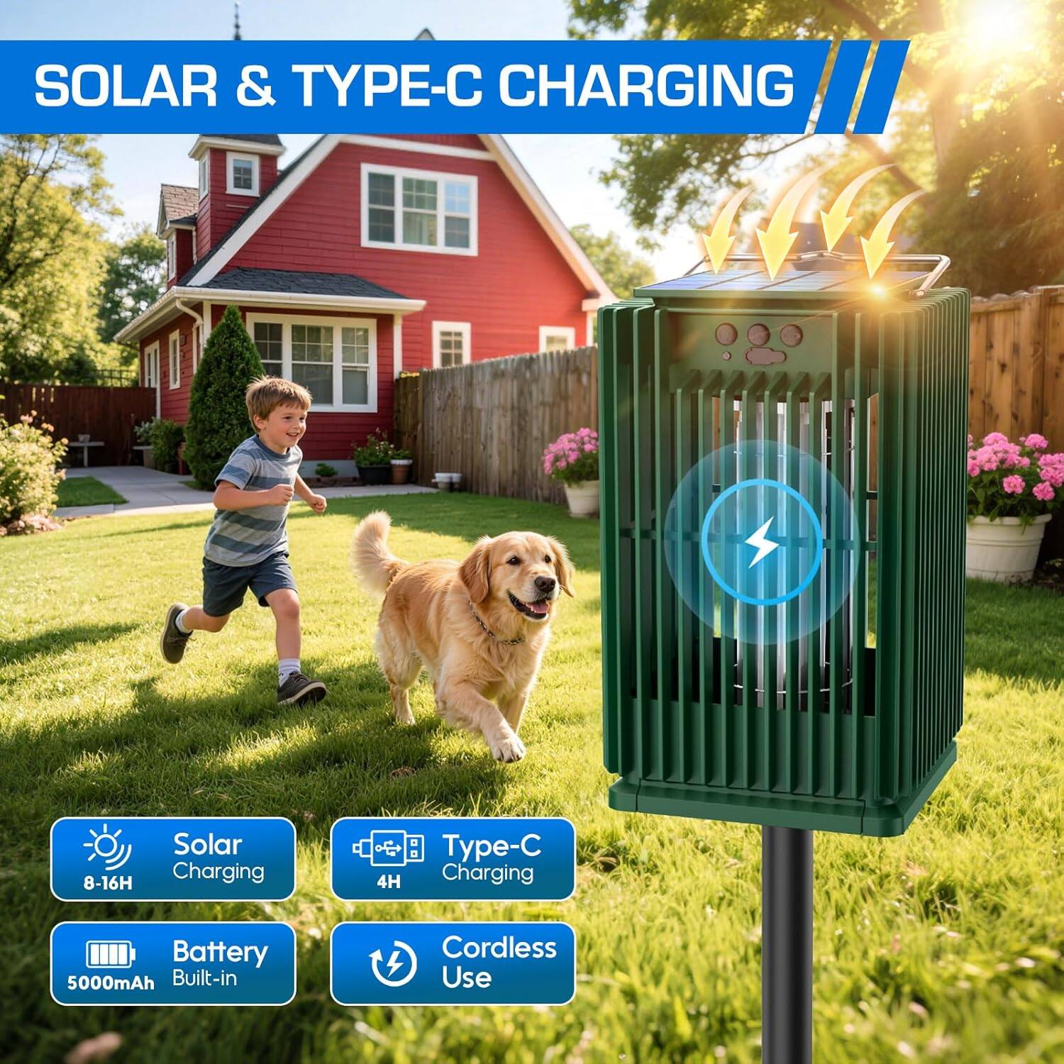 SOLAR & TYPE-C CHARGING

- Solar Charging: 8-16H
- Type-C Charging: 4H
- Battery: 5000mAh Built-in
- Cordless Use