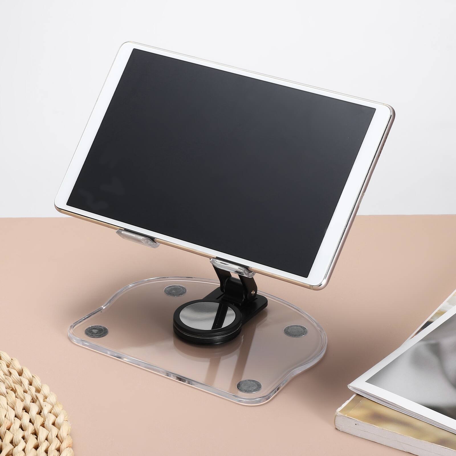 Alt View 5. Unique Bargains - 2pcs Acrylic Tablet Stand, Adjustable Foldable Portable Clear with 360 Degree Rotating Base for Desk Home Office - Pink Black.