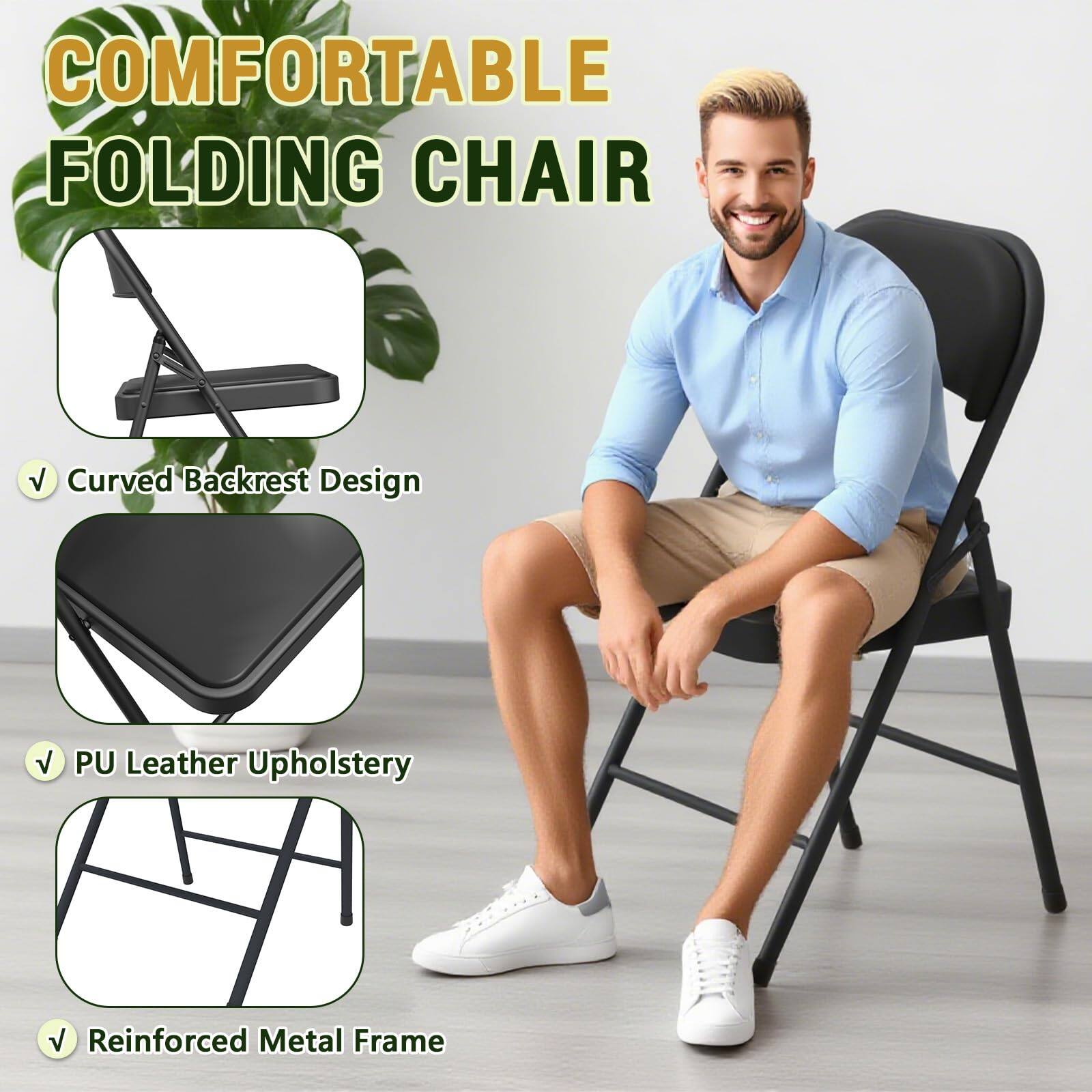 COMFORTABLE FOLDING CHAIR

- Curved Backrest Design
- PU Leather Upholstery
- Reinforced Metal Frame