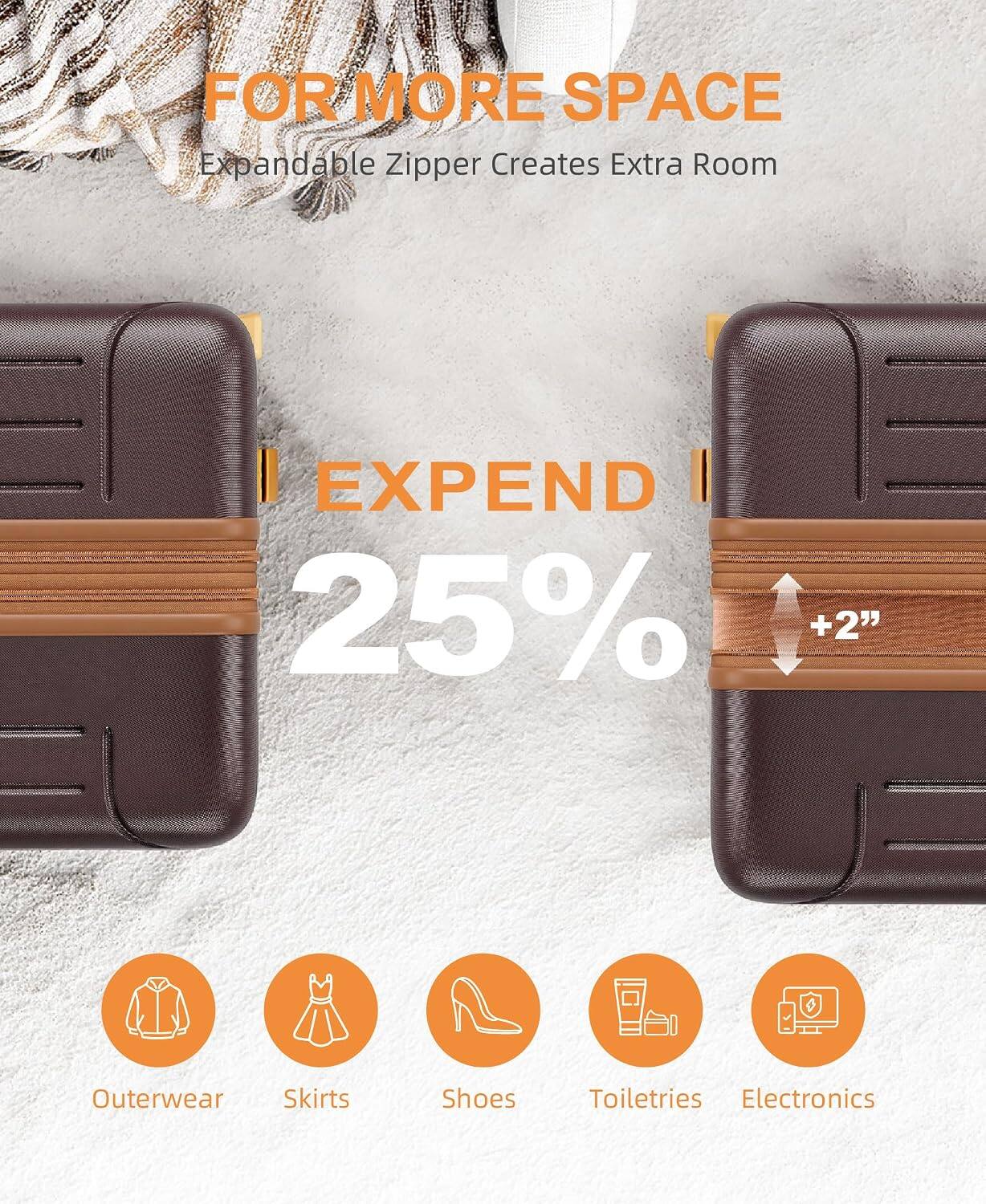 FOR MORE SPACE  
Expandable Zipper Creates Extra Room  

EXPEND 25% +2"  

Outerwear  
Skirts  
Shoes  
Toiletries  
Electronics