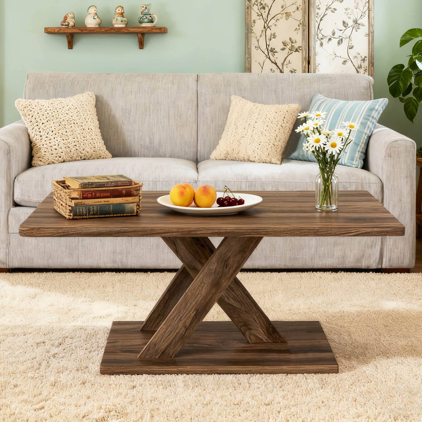 Alt View 5. Costway - Costway 37.5" Coffee Table with Stable Base & Rubber Wood Connection for Living Room - Brown.