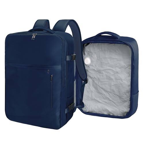 Front. Live At Space - Travel Vacuum Backpack 60l Seal Air Vac Pack With Pump Carry On Suitcase Luggage Flight Approved For Men Women - Navy Blue-50-60L.