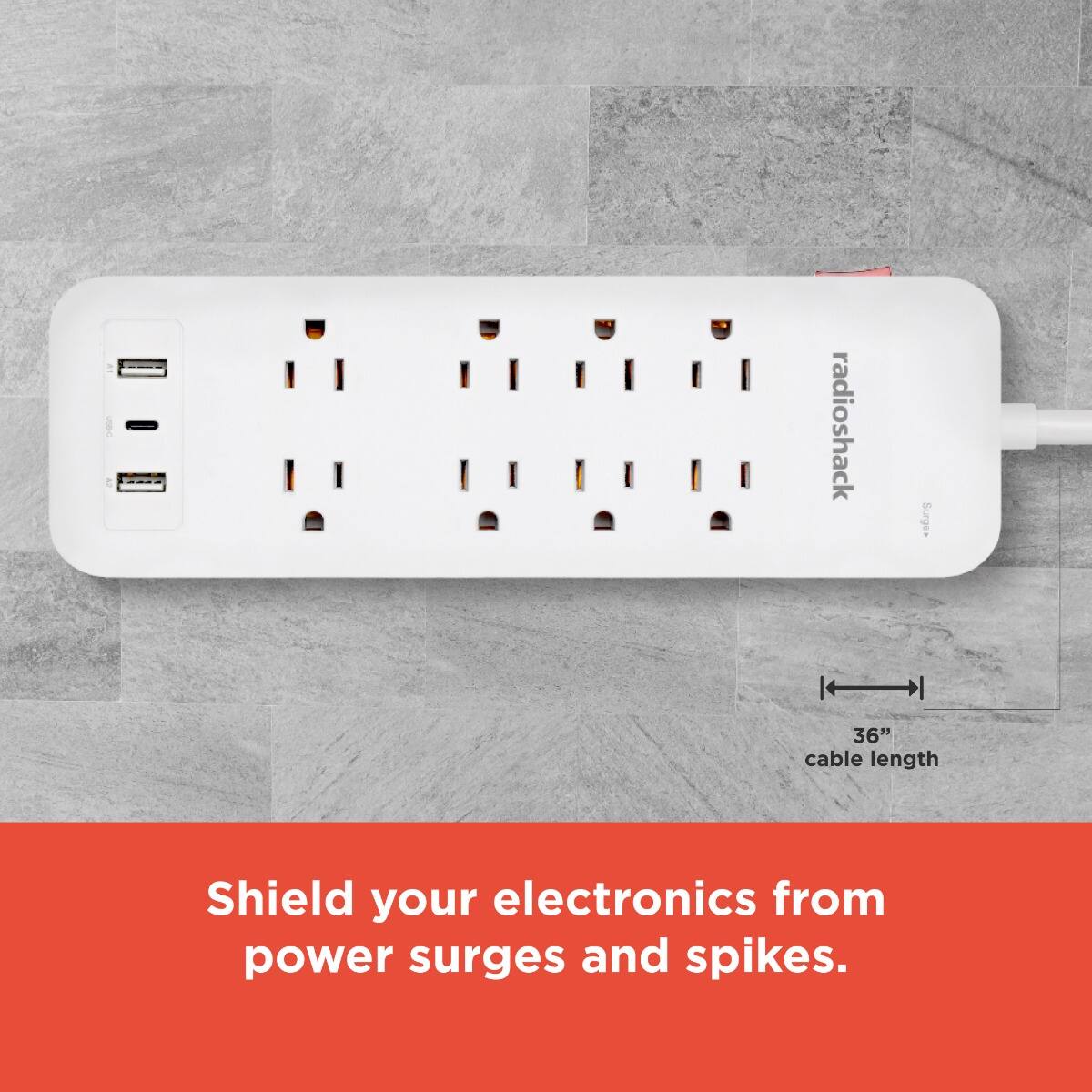 radioshack Surge  
36" cable length  
Shield your electronics from power surges and spikes.