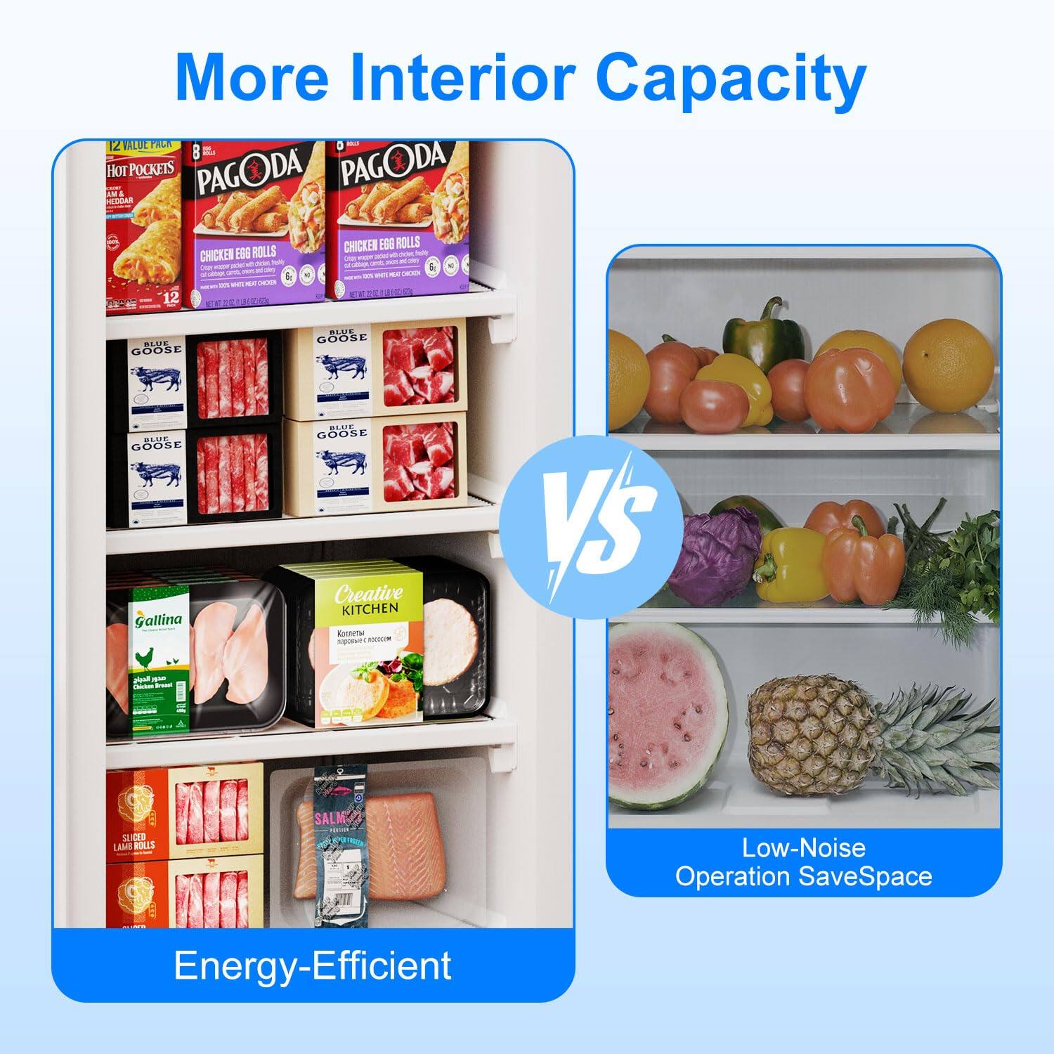 More Interior Capacity

12 VALUE PACK
Hot Pockets
PAGODA
CHICKEN EGG ROLLS

BLUE GOOSE
Gallina
Creative KITCHEN

Energy-Efficient

vs

Low-Noise Operation SaveSpace